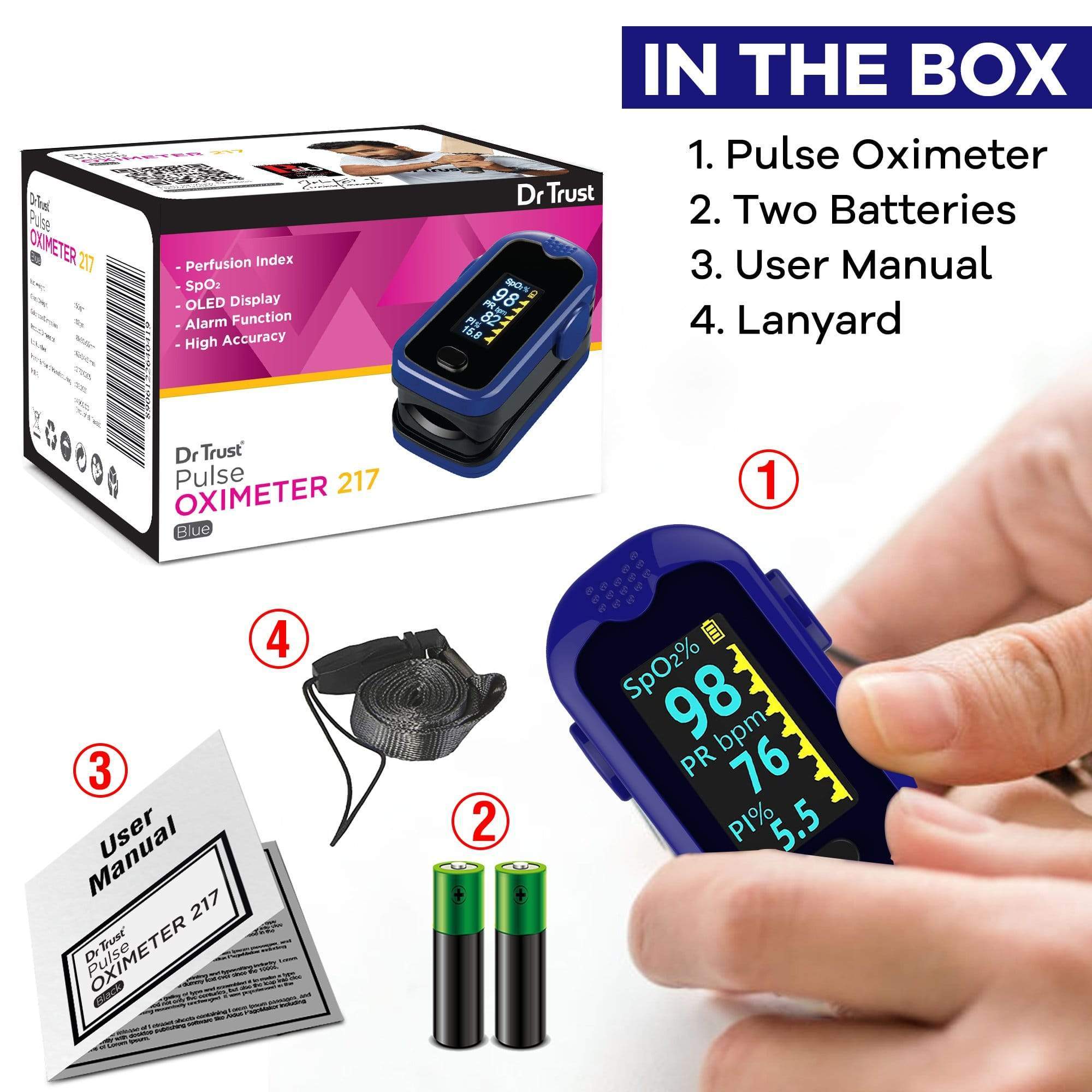 Dr Trust USA Pulse Oximeter 217 (Blue) - Fingertip Oxygen Monitor for Blood Oxygen & Heart Rate - Perfect for Home Use, Travel, and Sports Activities