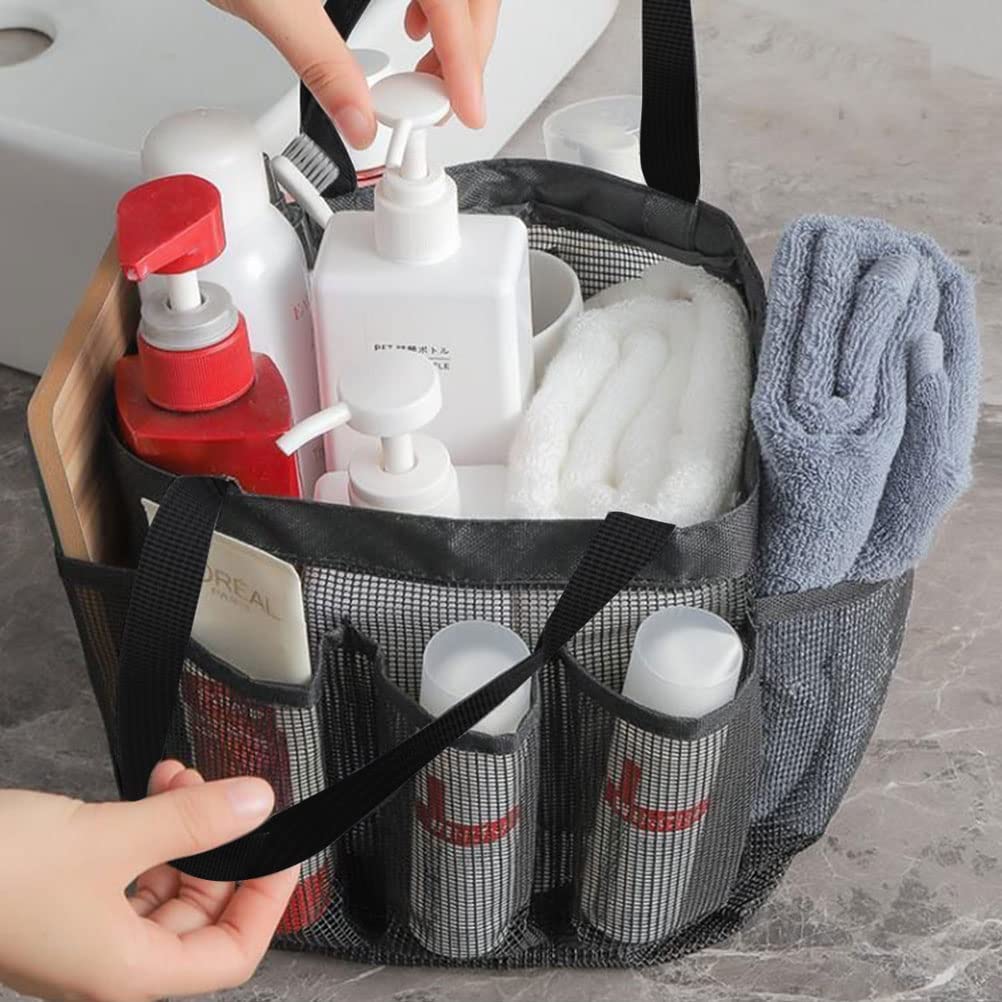 KAIAIWLUO Mesh Shower Caddy Organizer - Portable Quick-Dry Shower Tote Bag with 8 Pockets & Carry Handle for Gym, Travel, Swimming, Camping - Perfect for Bathroom Storage & Toiletries Organization (Black)
