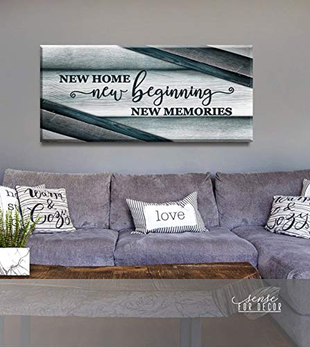 Wooden Framed Canvas Wall Art - Sense of Art New Home New Beginnings V15 - Housewarming Gift for Living Room, Religious & Rustic Home Decor (Teal, 60x27 Inches) - Perfect for Farmhouse, Apartment & Wedding Gifts
