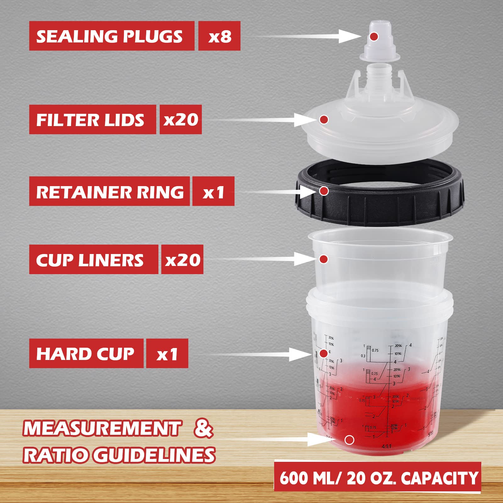20oz (600ml) Spray Paint Cups Kit - 20 Paint Gun Cup Liners with Lids & Strainers, 1 Hard Cup with Retainer Ring, 8 Plugs - Perfect for Automotive, Furniture & DIY Spray Painting Projects