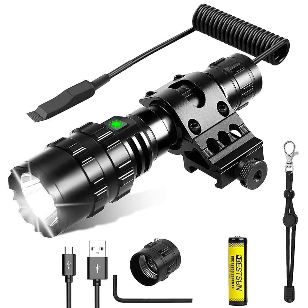 Rechargeable 100000 Lumen Tactical Flashlight with Rail Mount - Super Bright LED Weapon Light, 5 Modes, Waterproof, Includes Pressure Switch - Perfect for Hunting, Camping & Outdoor Adventures