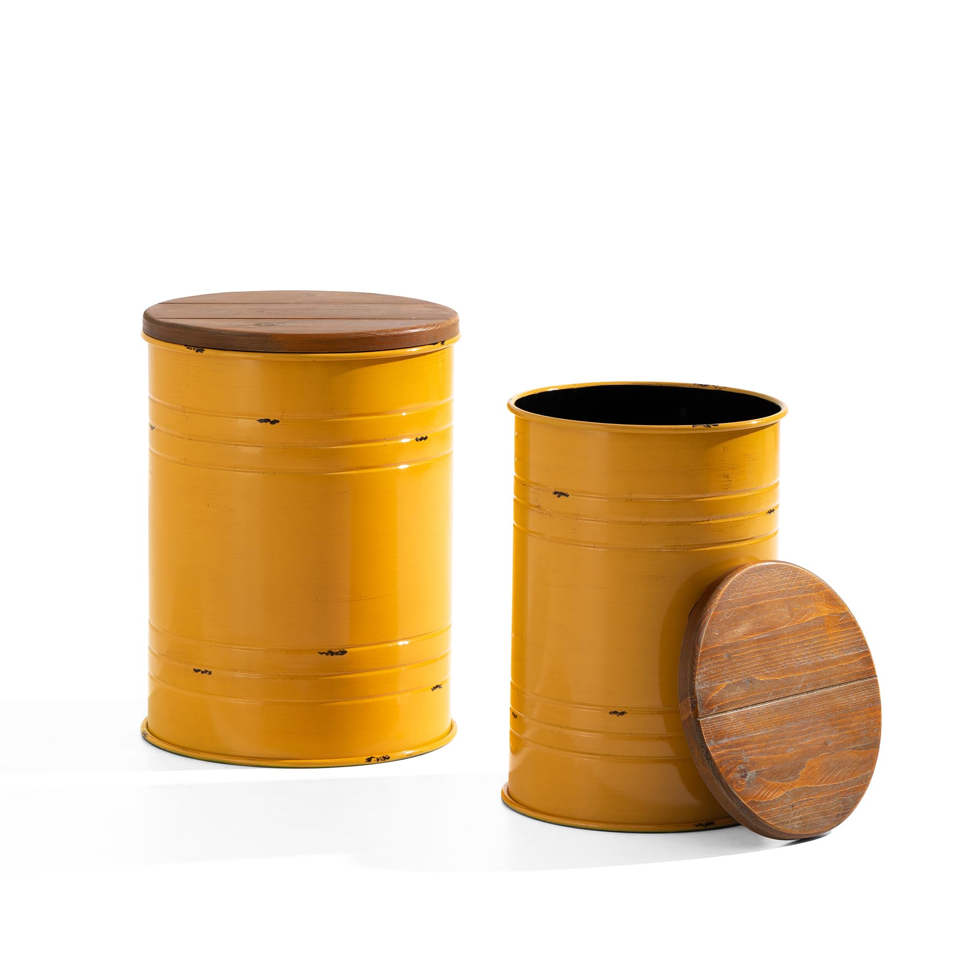 Glitzhome Rustic End Table Set of 2 - Farmhouse Galvanized Metal Barrel Ottoman Storage Stool with Round Wood Lid - Living Room Side Table, Bedroom Nightstand - Yellow Home Decor for Cozy Farmhouse Style