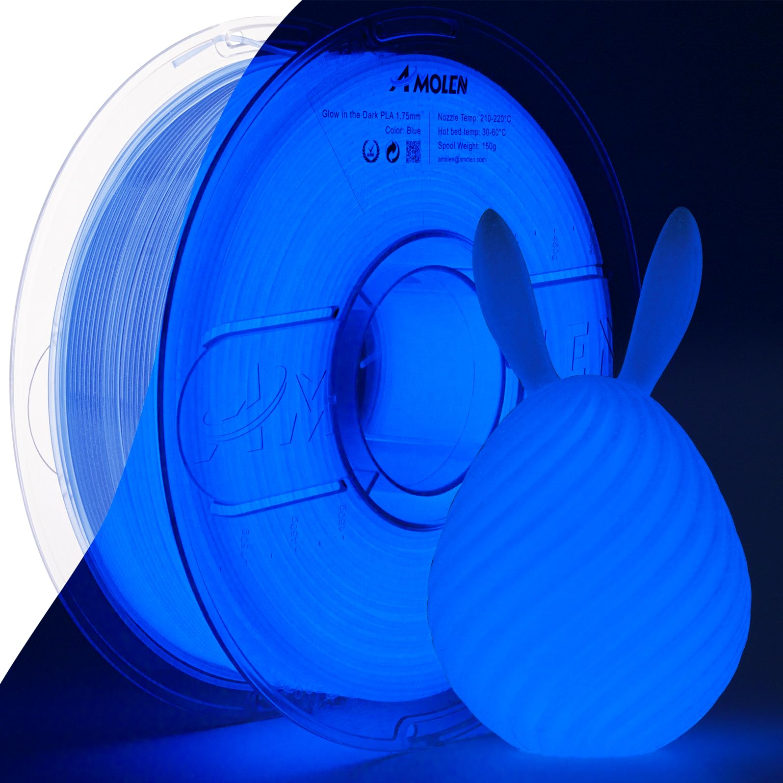 AMOLEN 1.75mm Glow in The Dark Blue PLA 3D Printer Filament - 1kg Spool (2.2lbs) with UV Reactive Properties, ±0.02mm Precision for FDM Printers | Perfect for Nightlight Decorations, Cosplay Props & Educational Science Projects