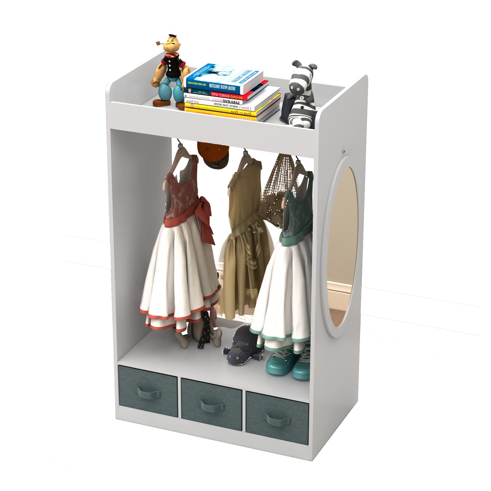 Kids Costume Organizer with Mirror & Storage Bin - Hanging Dress Up Closet for Pretend Play - White | Perfect for Bedroom, Playroom & Toy Storage Organization
