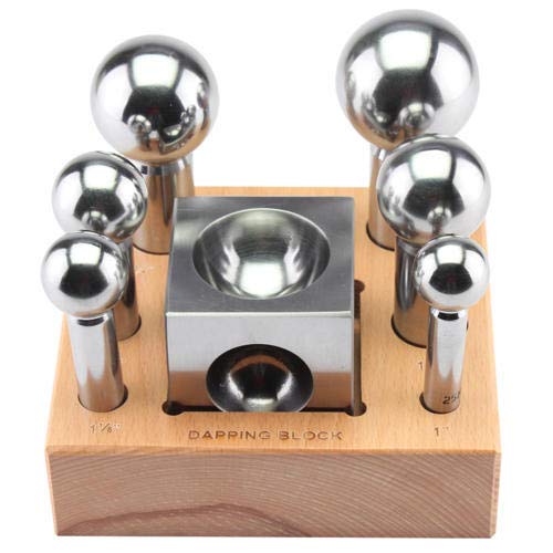 Professional 7-Piece Jumbo Dapping Block & Punch Set with Wooden Stand (25-50mm) - Jewelry Making, Metal Forming, DIY Crafting Tools for Goldsmiths & Artisans