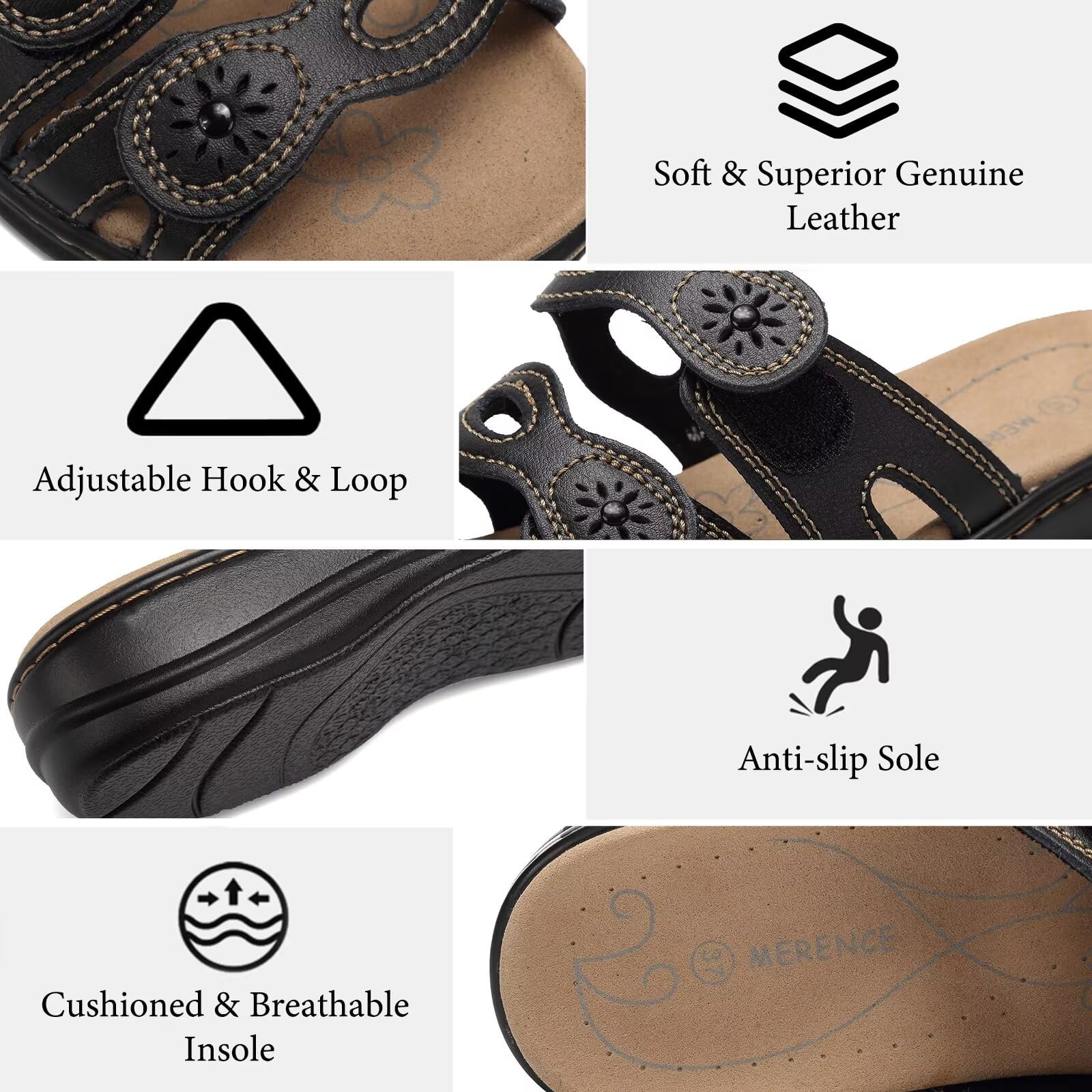 Women's Classic Leather Sandals with Arch Support - Adjustable Hook & Loop Straps Slip-On Casual Shoes for Outdoor Walking, Travel & Summer Comfort