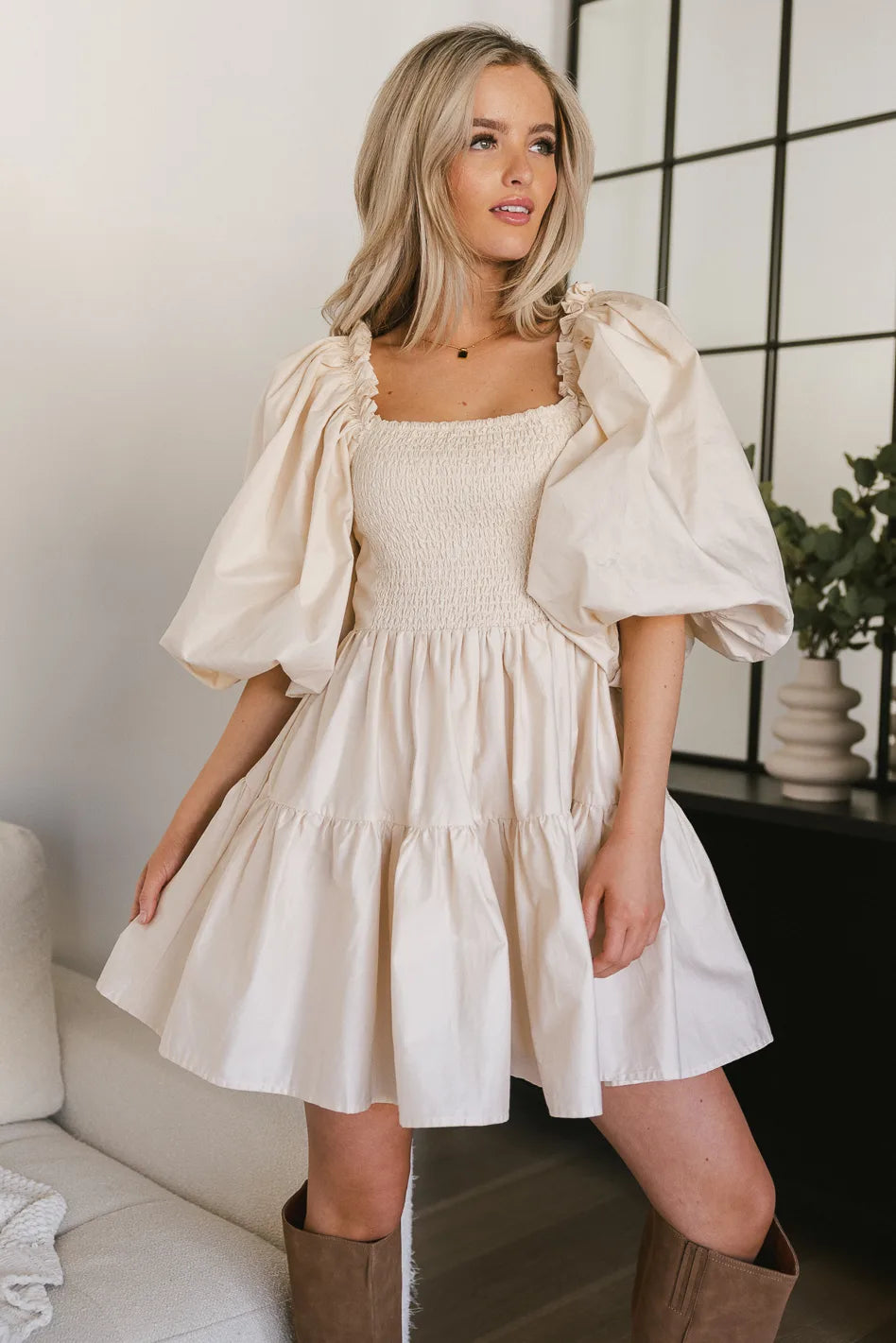 Litzy Women's Mini Dress in Beige - Casual Summer Short Sleeve Bodycon Dress for Party, Date Night & Vacation - FINAL SALE