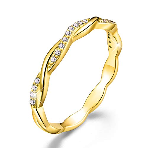 18K Gold Plated 925 Sterling Silver Twist Ring Band with Cubic Zirconia - Stackable Simulated Diamond Eternity Rings for Women | Perfect for Engagement, Wedding, Anniversary Gifts & Everyday Elegant Jewelry