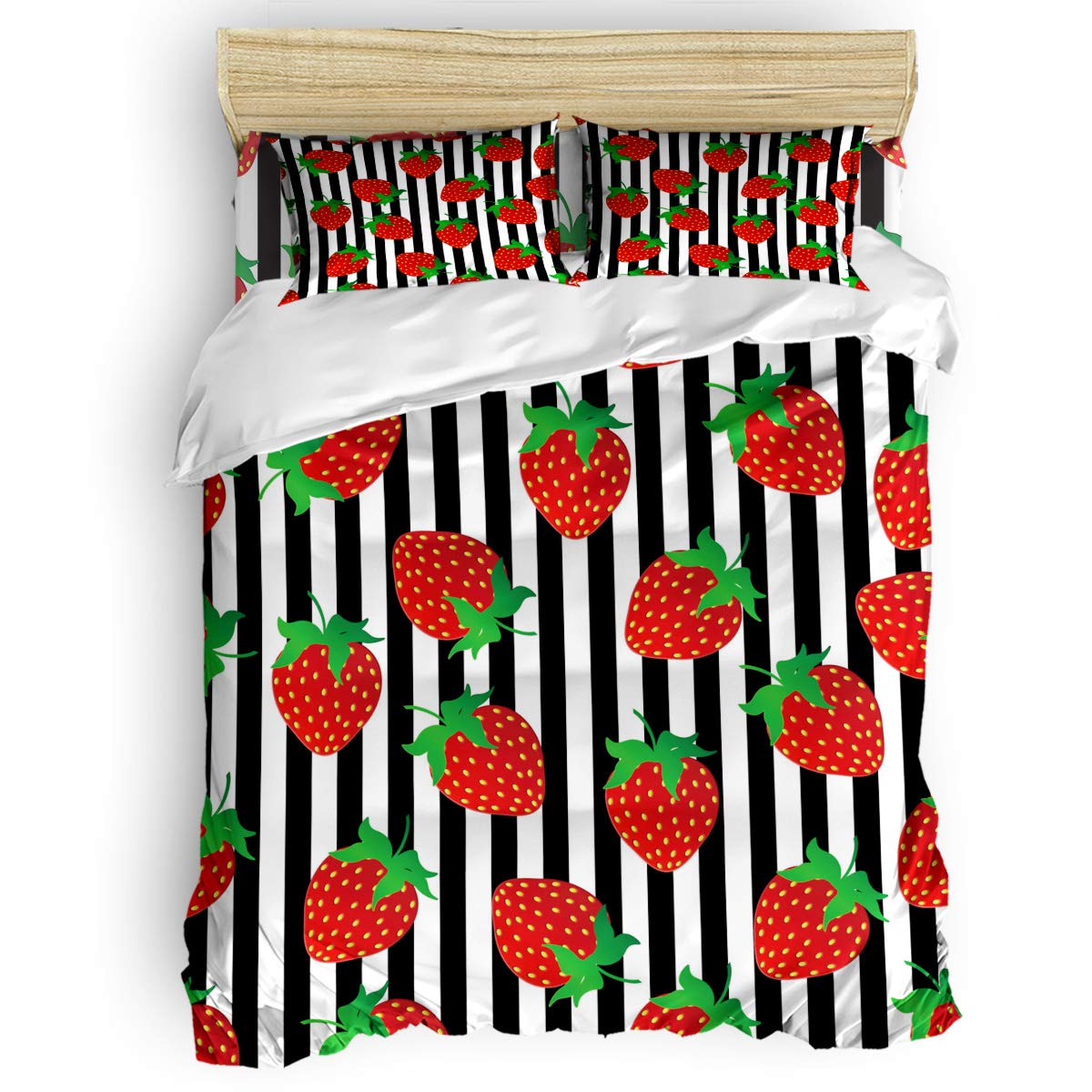 Premium 4-Piece Duvet Cover Set with Strawberry Print & Black-White Stripe - Includes 1 Duvet Cover, 1 Fitted Sheet & 2 Pillowcases - Soft Bedding Set for Queen/King Size - Perfect for Modern Bedroom, Guest Room & Dorm Decor
