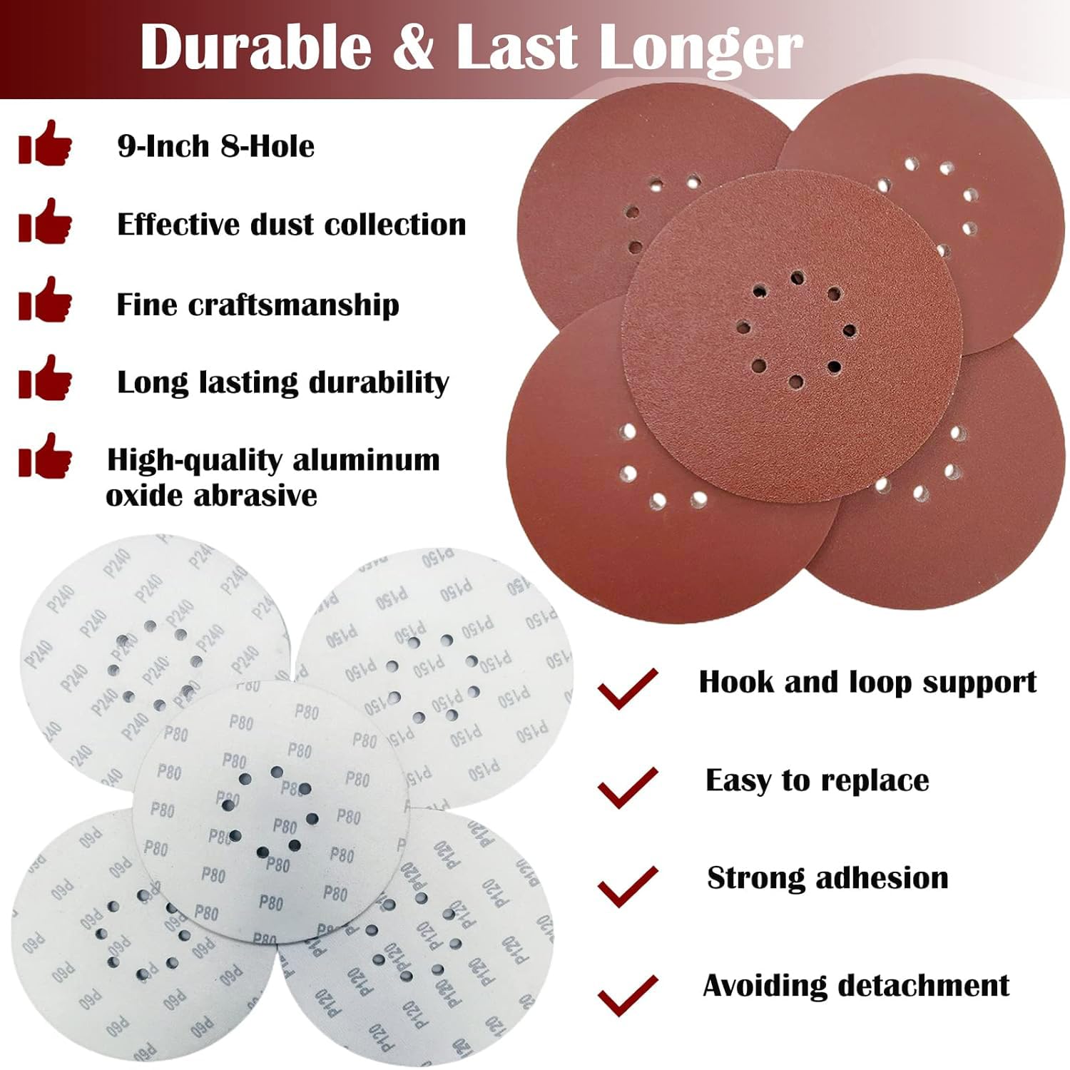 50 PCS 9 Inch 8 Hole Drywall Sanding Discs - 60/80/120/150/240 Grits Hook & Loop Sandpaper for Drywall, Walls & Floors | Perfect for Home Renovation, Drywall Repair & Surface Polishing