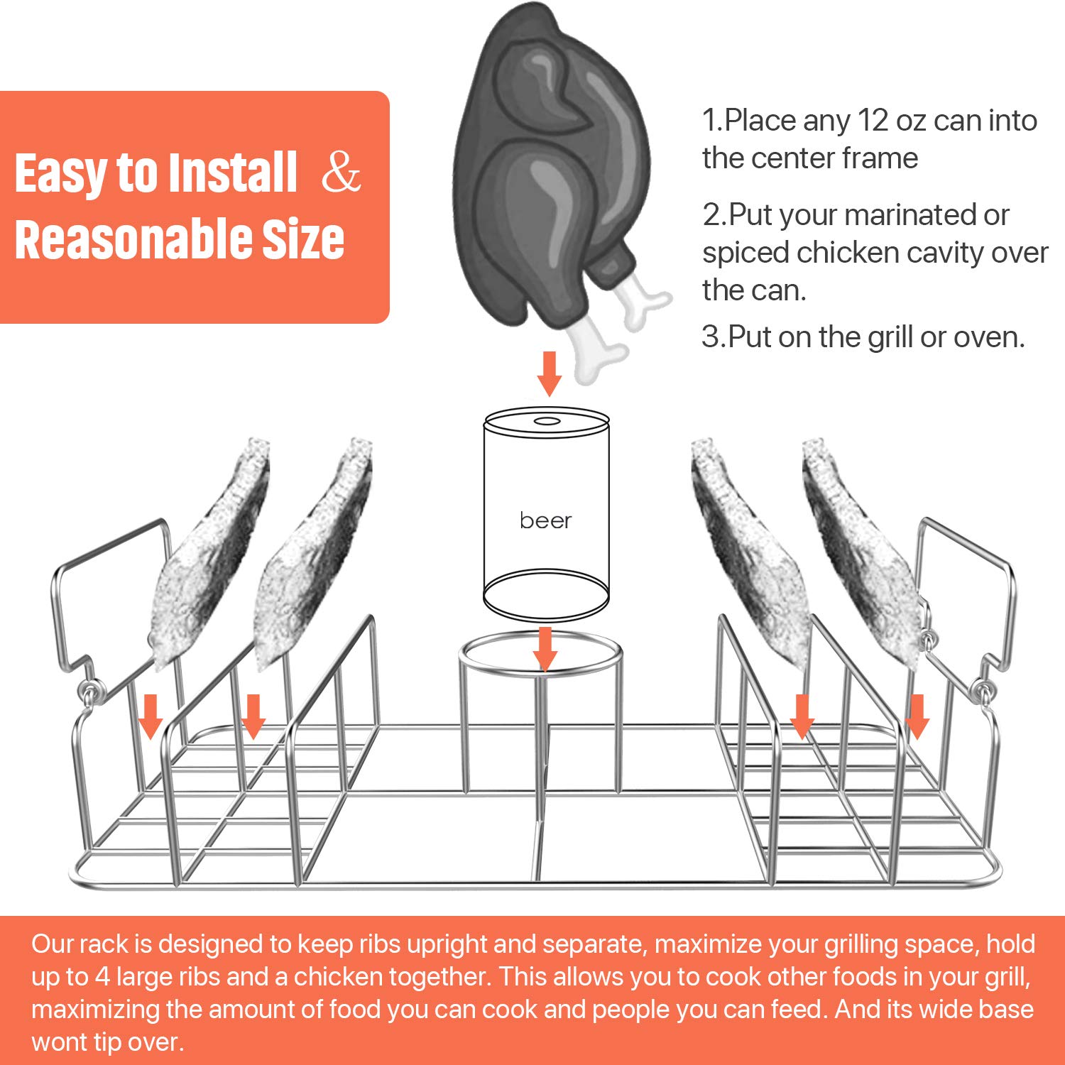 Premium Stainless Steel Beer Can Chicken Roaster & Rib Rack with Silicone Basting Brush - Heavy Duty Rectangle BBQ Stand for Smoker, Oven & Grill - Holds Whole Chicken + 4 Ribs - Perfect for Backyard BBQs, Tailgating & Outdoor Cooking