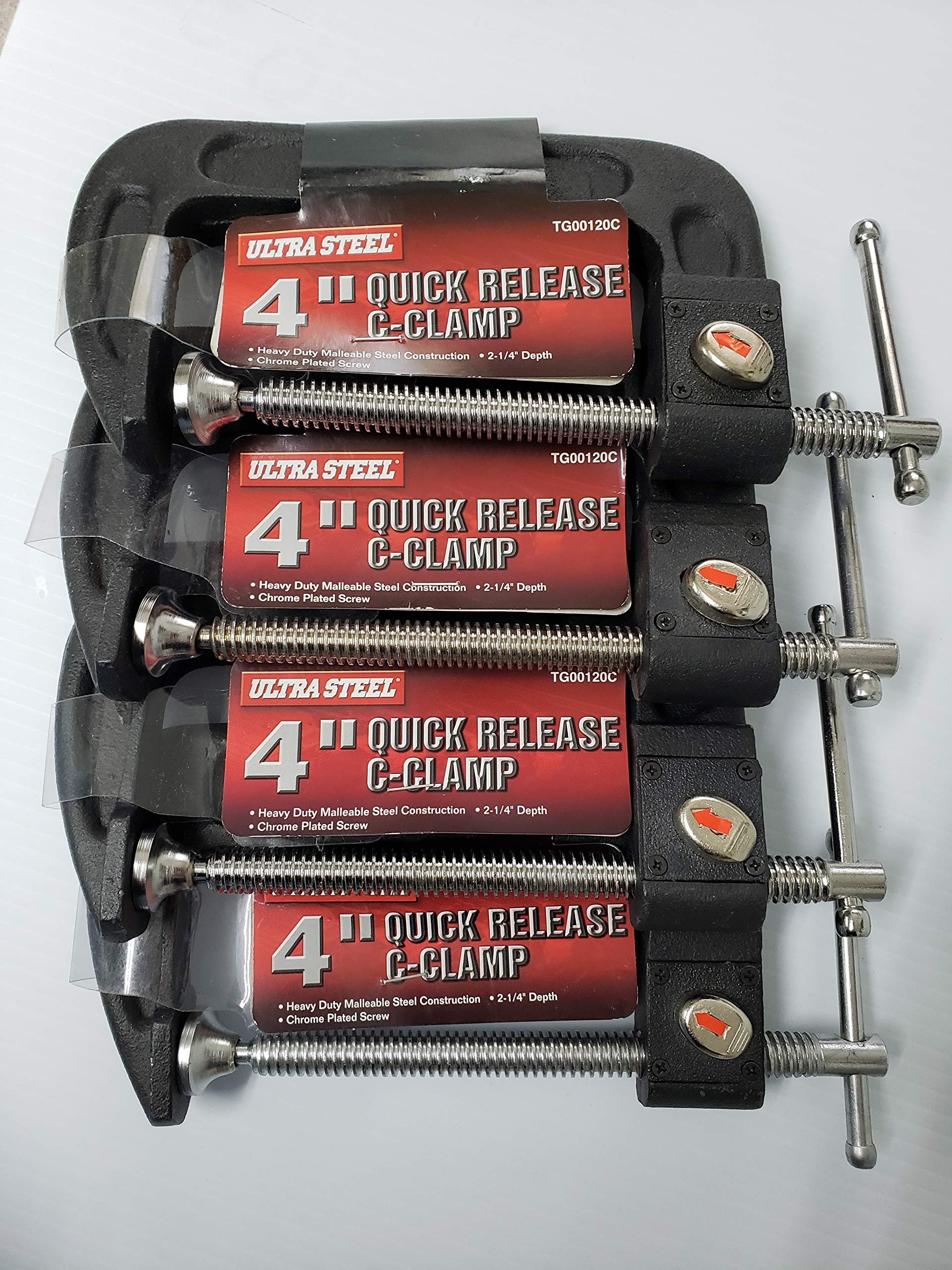 Ultra Steel TG00120C 4 Inch Quick Release C-Clamp Set of 4 - Heavy Duty Clamping Tool for Woodworking, Metalworking, and DIY Projects