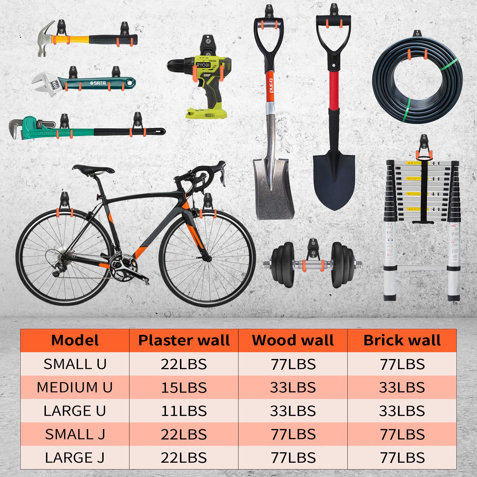 Heavy Duty Bike Wall Hooks 2 Pack - J-Shaped Steel Garage Storage Hangers for Bicycles, Ladders, Garden Tools & Bulky Items - Anti-Slip Orange Coating - Perfect for Garage, Shed & Workshop Organization