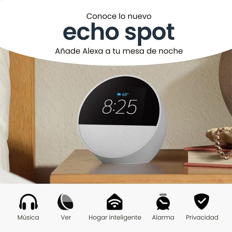 Amazon Alexa Echo Spot (2024) - Smart Display with Alexa - White - Perfect for Home Automation, Kitchen Timers & Video Calls