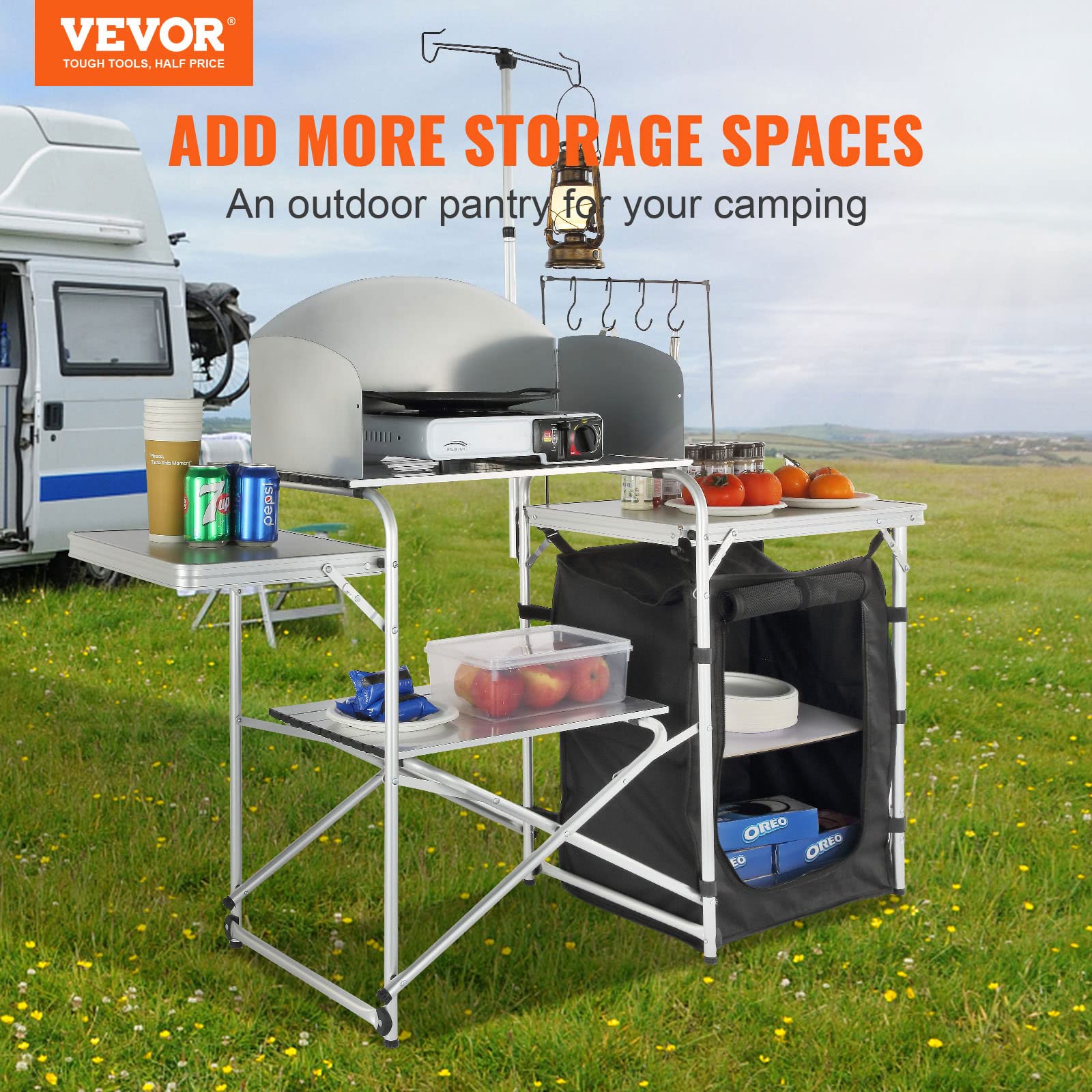VEVOR Aluminum Portable Camping Kitchen Table - Foldable Outdoor Cook Station with Windscreen, Storage Organizer & Carrying Bag - Perfect for Camping, Picnics, Beach BBQs, RV Travel & Outdoor Adventures
