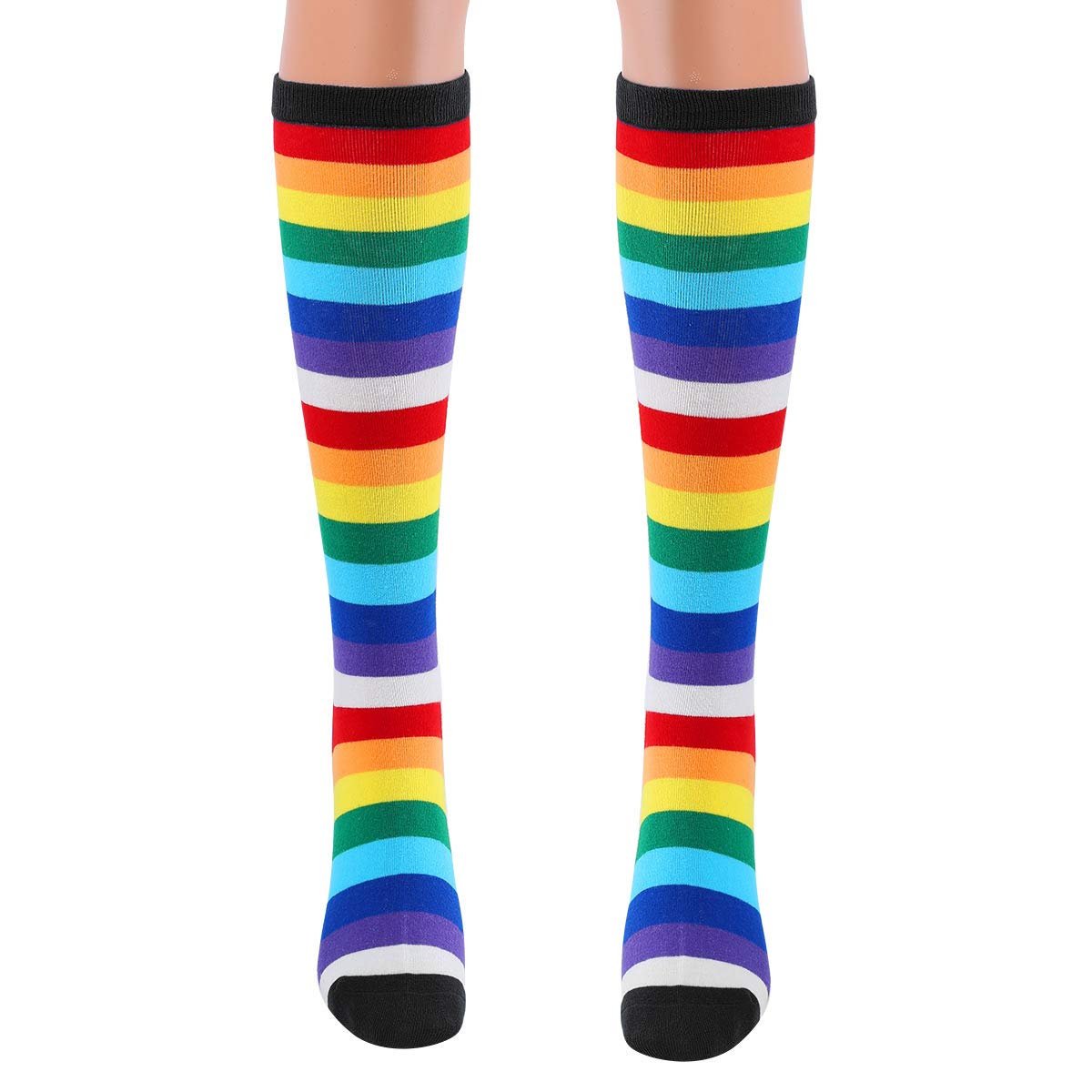 YiZYiF 2 Pairs Women's Colorful Striped Rainbow Knee High Socks - Soft Cotton Over The Calf Stockings for Fall & Winter - Perfect for Cosplay, Outfits & Cold Weather Comfort