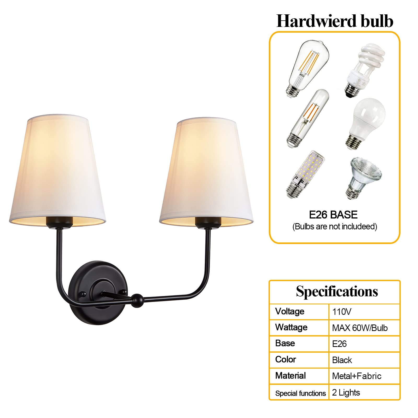 PASSICA DECOR Hardwired 2-Light Modern Wall Sconce with White Fabric Shades - Double Arm Sconce Lighting for Bathroom Vanity, Living Room, Hallway, Stairway & Fireplace - Farmhouse Style Wall Light for Cozy Home Ambience