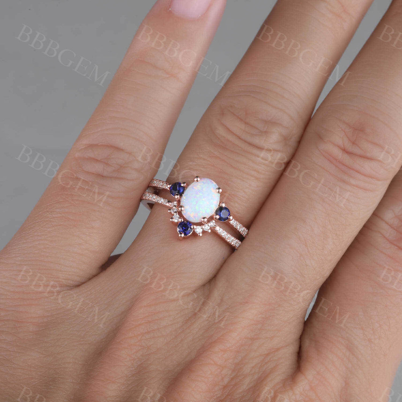 Antique Vintage Style Sapphire Opal Bridal Ring Set with Diamond Accents - Matching Wedding Band & Engagement Ring for Women - Perfect for Bridal Jewelry, Anniversary Gifts & Special Occasions