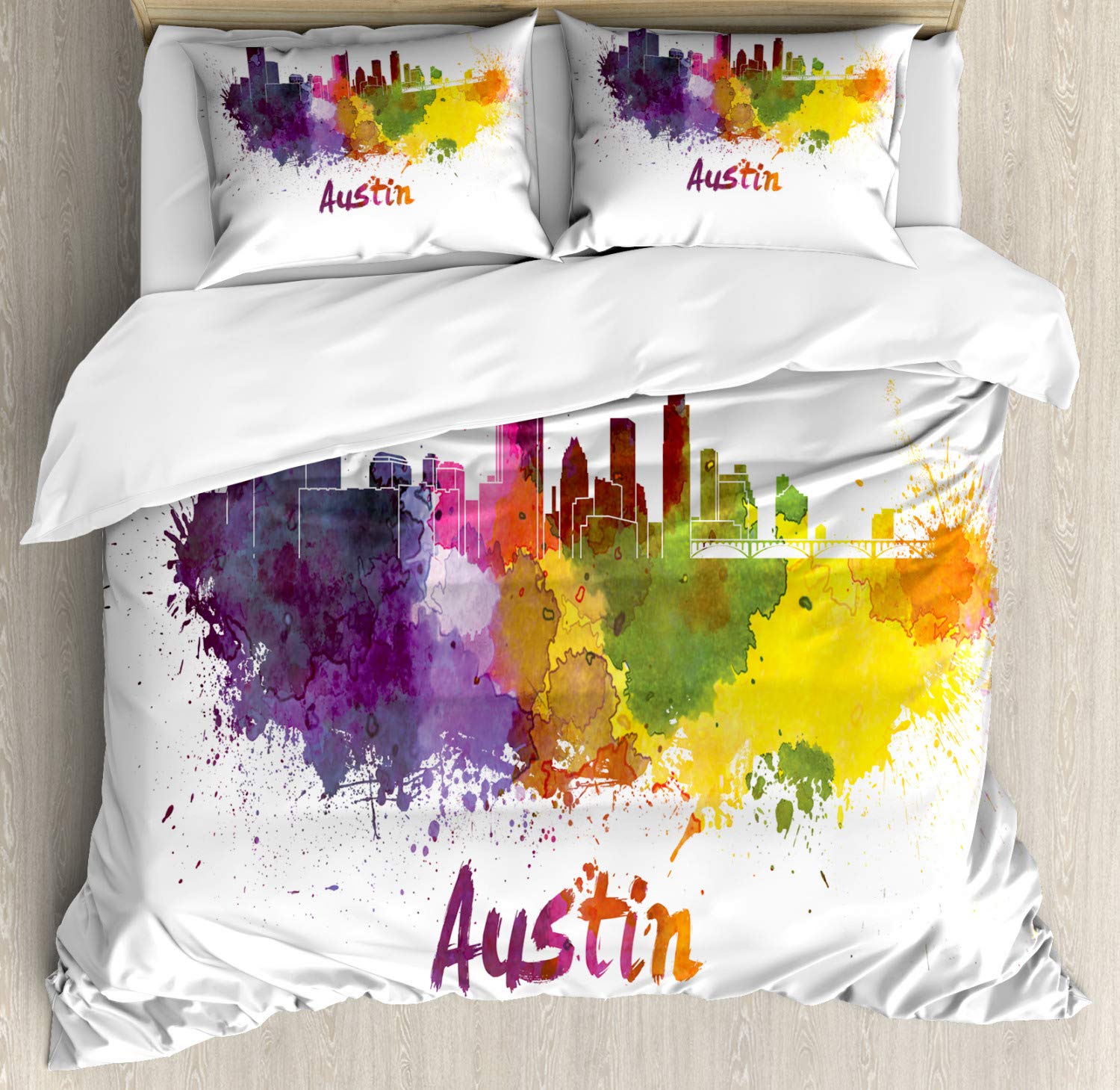 Ambesonne Austin Duvet Cover Set - Watercolor Texas Capital Skyline Design with White Outline, 3-Piece King Size Bedding Set with 2 Pillow Shams, Multicolor | Perfect for Home Decor, Guest Rooms & Texas-Themed Bedrooms