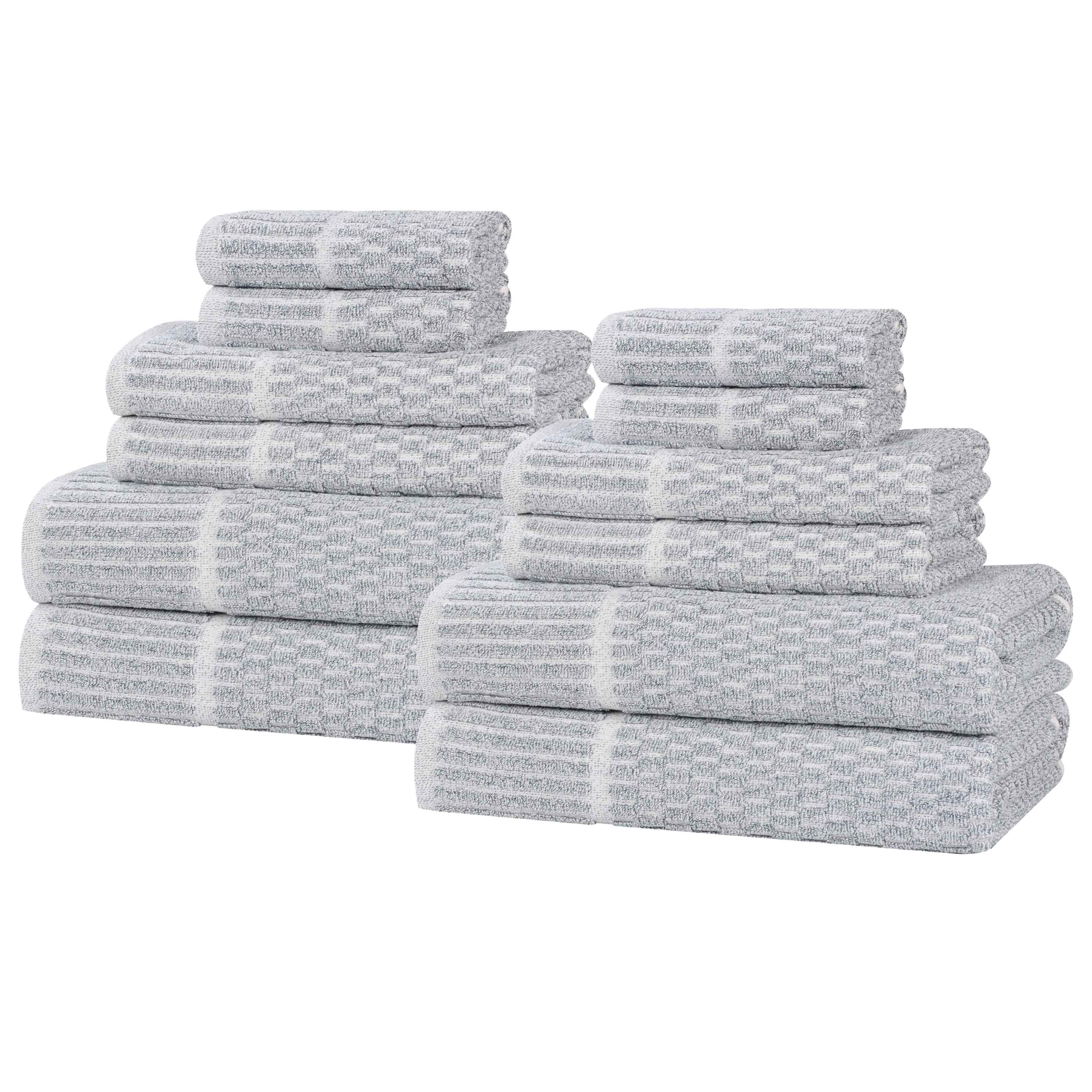 Premium 12-Piece Cotton Blend Checkered Border Towel Set - Soft, Absorbent & Medium Weight - Perfect for Bathroom, Spa & Guest Use