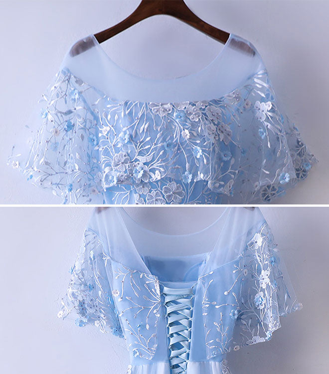 Elegant Light Blue Tulle Lace Long Prom Dress | Blue Lace Graduation Gown for Women | Perfect for Formal Dances, Graduation Ceremonies & Special Occasions