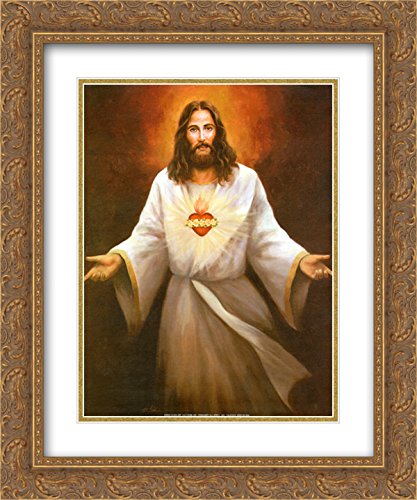 Jesus' Sacred Heart 2x Matted 15x18 Gold Ornate Framed Art Print by T C Chiu - Religious Home Decor for Church, Living Room & Prayer Space