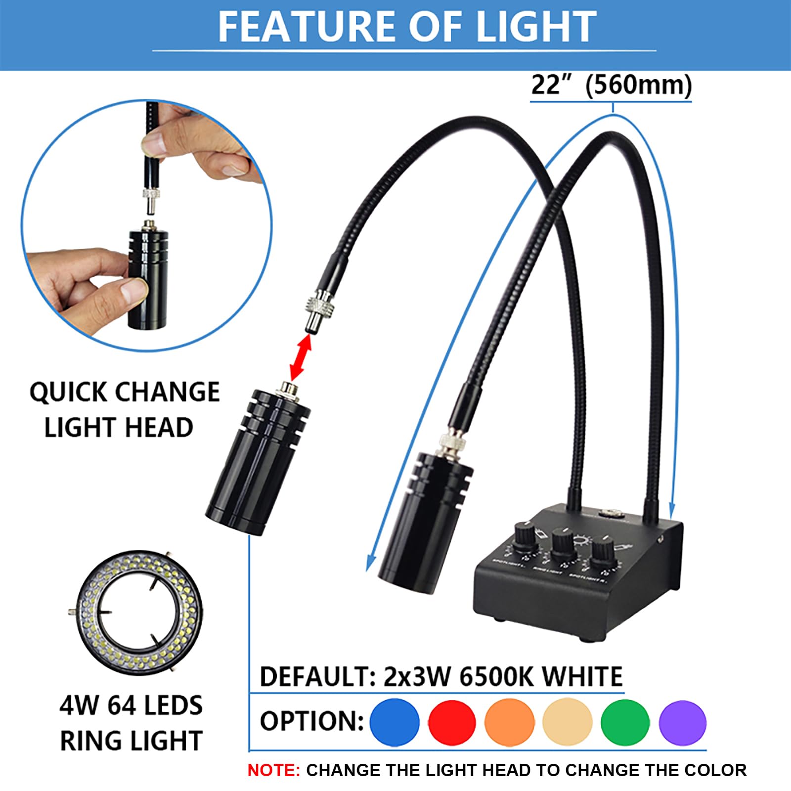 6W 6500K Dual Gooseneck Microscope Light with 64 LED Ring Illuminator - Adjustable Spotlight for Industrial Digital Stereo Microscopes, PCB Repair, Soldering - Perfect for Electronics Workbench, Jewelry Making, and Scientific Research