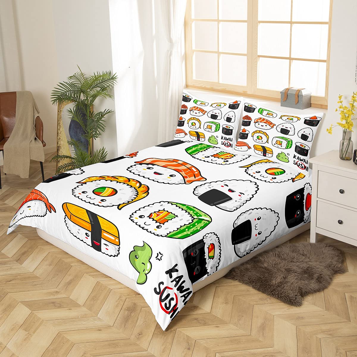 Erosebridal Japanese Sushi Pattern Twin Bedding Set - Cute Cartoon Sushi Duvet Cover & Comforter Set for Kids, Boys, Girls, Teens - Japanese Style Food Themed Bedroom Decor for Anime Lovers & Sushi Fans