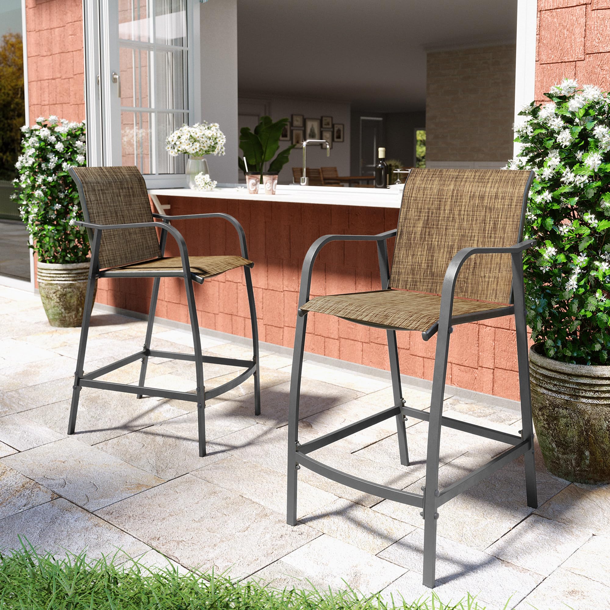 2-Pack Outdoor Metal Bar Stools - Counter Height Steel Patio Chairs with Textilene Seat, Armrest & Footrest - Lightweight Brown Bar Stools for Backyard, Deck, Poolside & Garden Use