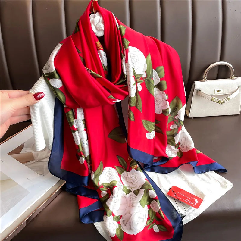 180x90cm Luxury Silk Scarf for Women - Floral Printed Large Shawl, Sun Protection Wrap, Soft Bandana, Hijab & Muffler - Perfect for Beach, Travel, and Formal Occasions