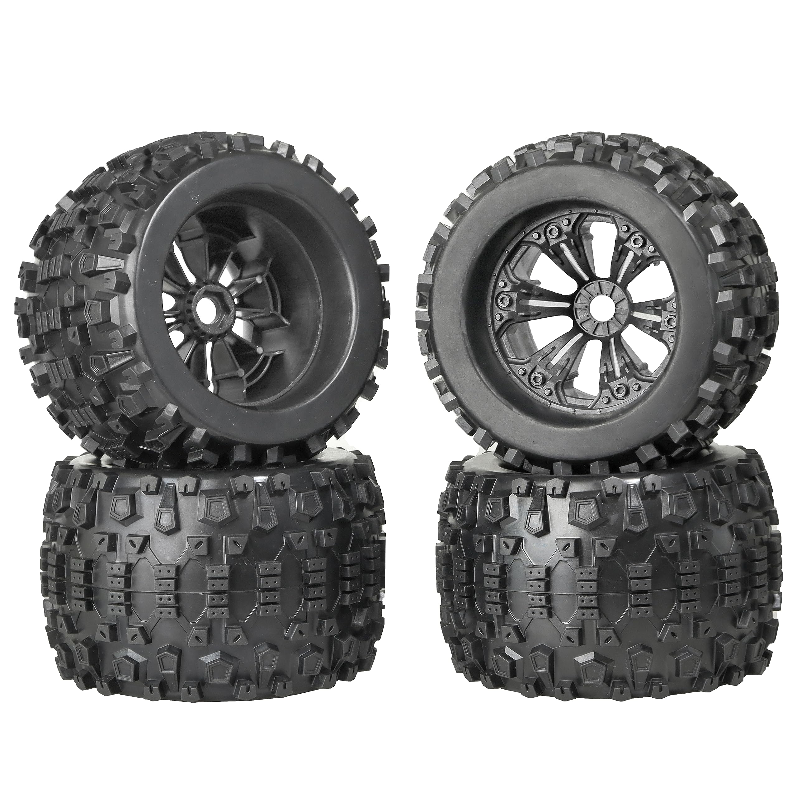 17mm Hex RC Wheels and Tires Set of 4 - Compatible with Traxxas Sledge, XMaxx, Revo 3.3, Summit, Arrma Kraton, Notorious, Outcast 6s, Redcat 3.8 - 1/8 Scale Pre-Glued Off-Road RC Truck Tires - Perfect for Bashing, Crawling and High-Speed Racing