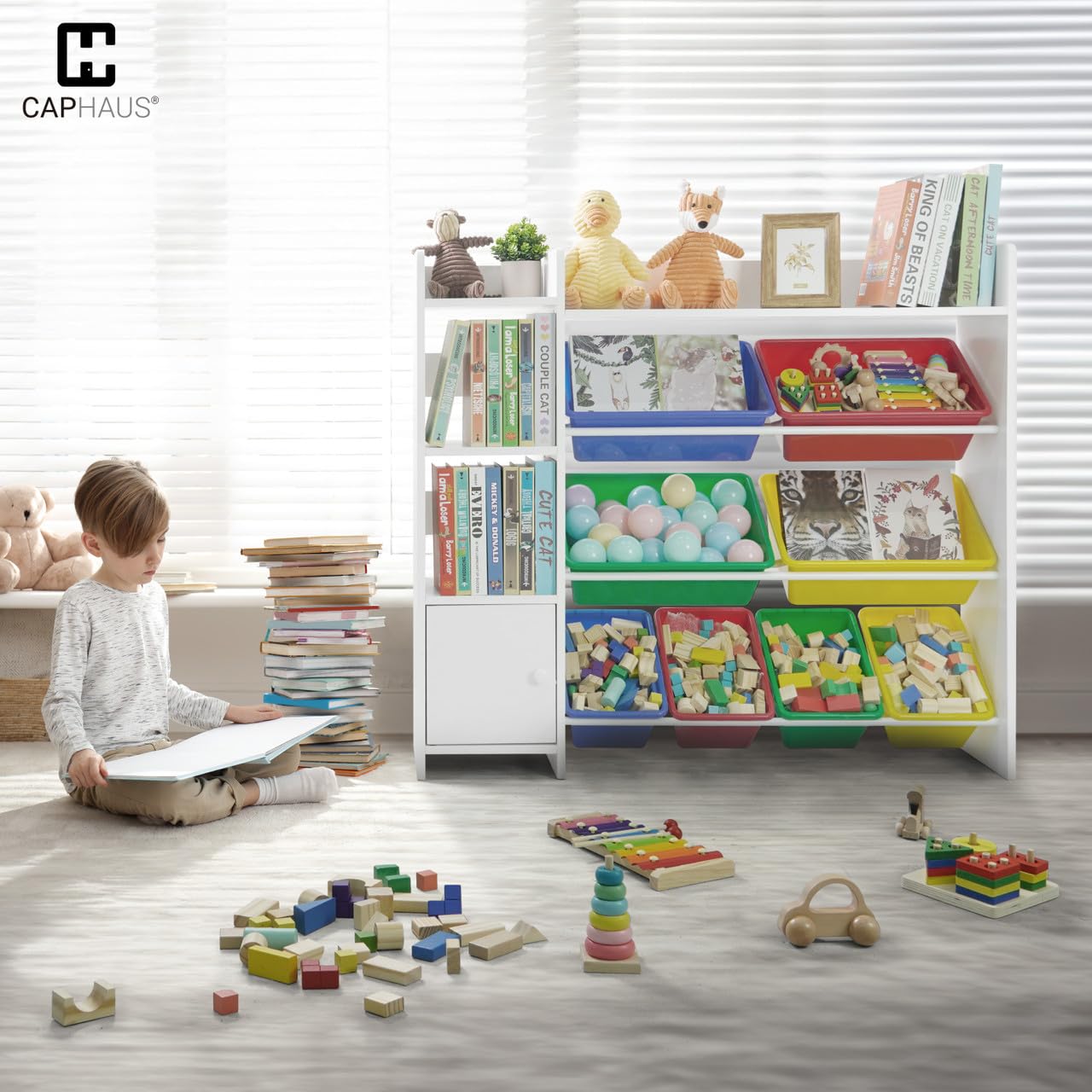 CAPHAUS 8-Bin White Plastic Toy Organizer & Storage Cabinet - Kids Room Organization for Toys, Books & Clutter - Durable Toddler Storage Solution for Playrooms, Bedrooms & Daycare Centers