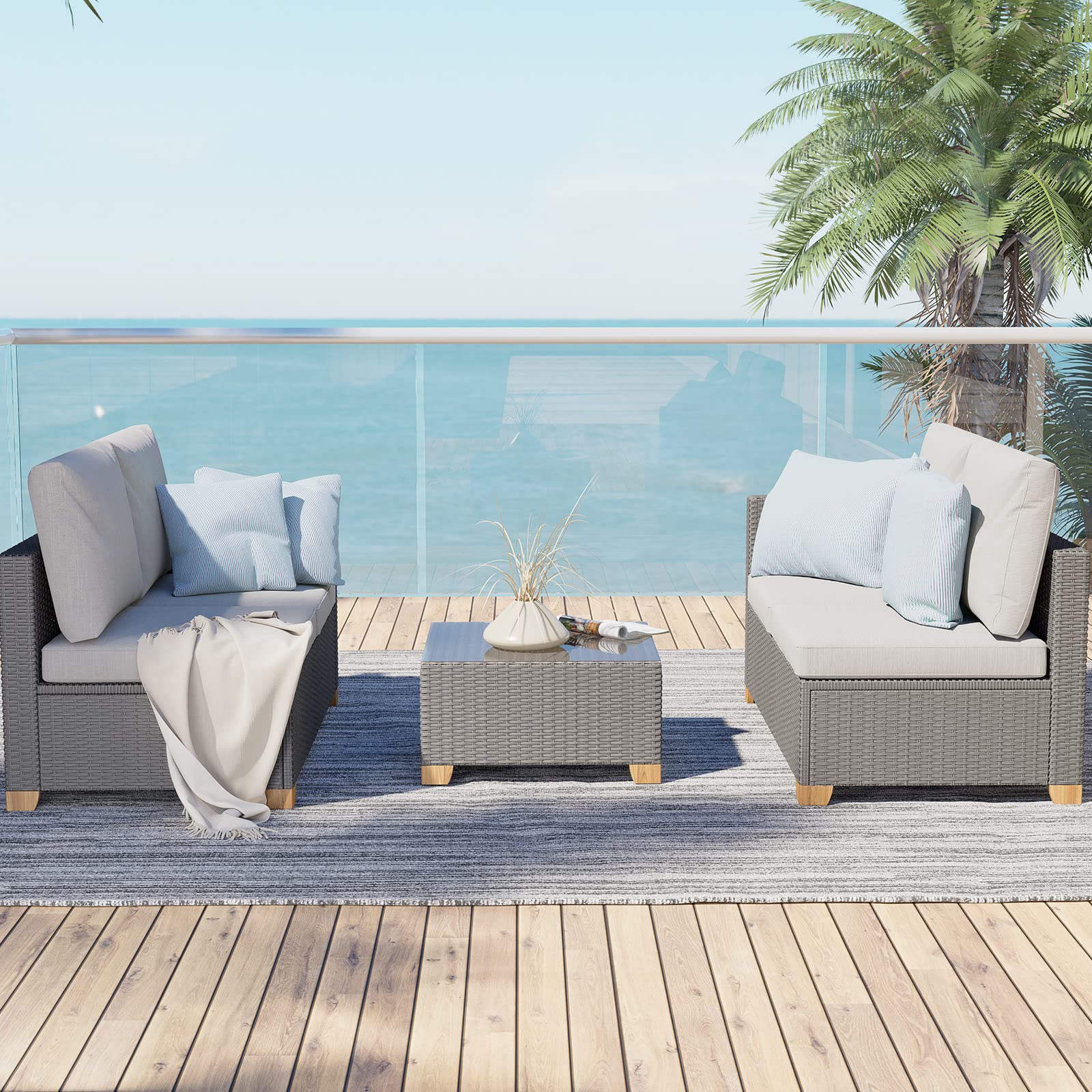 Outdoor Wicker Patio Furniture Set with Glass Coffee Table - 4-Piece Modular Sofa Set with Olefin Cushions for Backyard, Garden & Poolside - Light Gray Conversation Set for Relaxing & Entertaining Guests