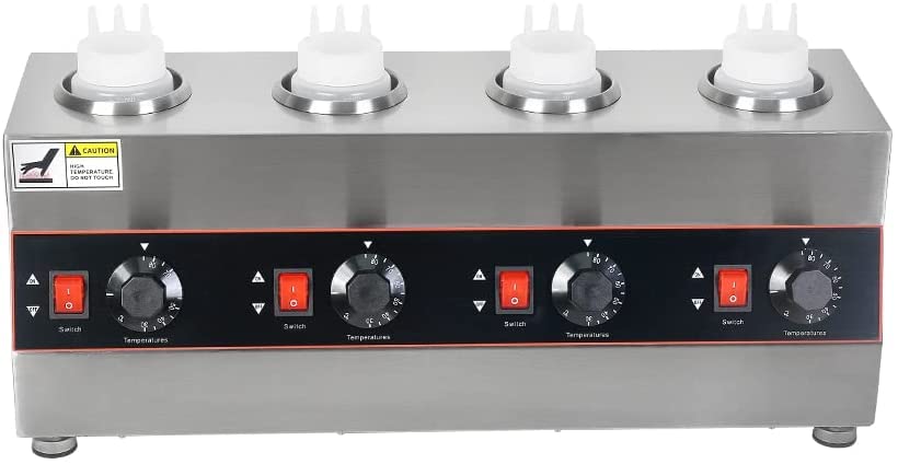 Commercial Electric Sauce Warmer - 4 Bottle Stainless Steel Hot Chocolate & Cheese Heater with Temperature Control - Perfect for Restaurants, Cafes & Catering Services
