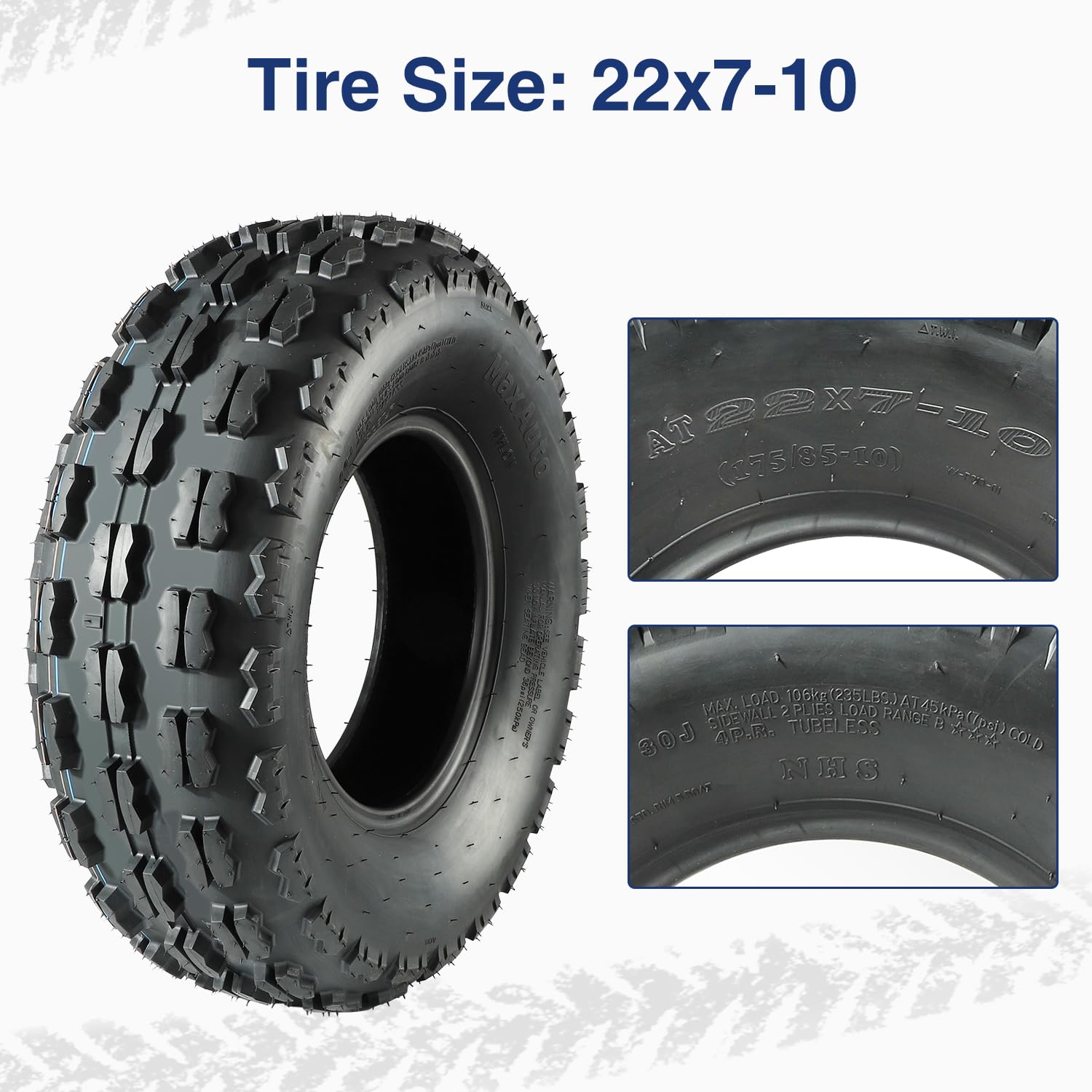 MaxAuto 22x7-10 ATV Tires - 4-Ply All-Terrain Tubeless Knobby Tires for Mud, Sand, Snow & Rock - Set of 2 - Perfect for Sport ATV/UTV Off-Road Adventures & Trail Riding