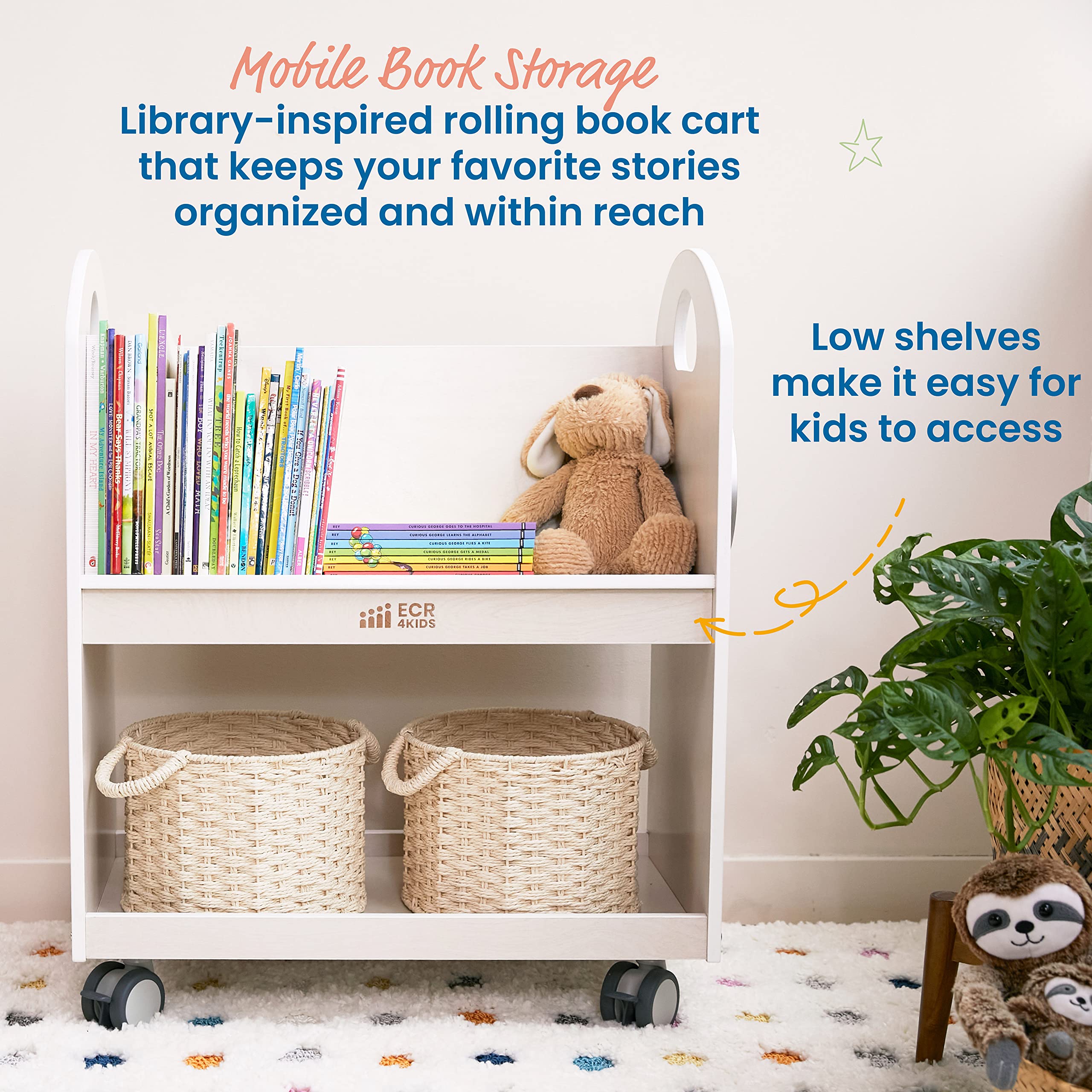 ECR4Kids Mobile Book Cart with Countdown Timer - Rolling Classroom Bookshelf Organizer for Teachers - White Wash Finish - Perfect for School Libraries, Preschools & Homeschooling