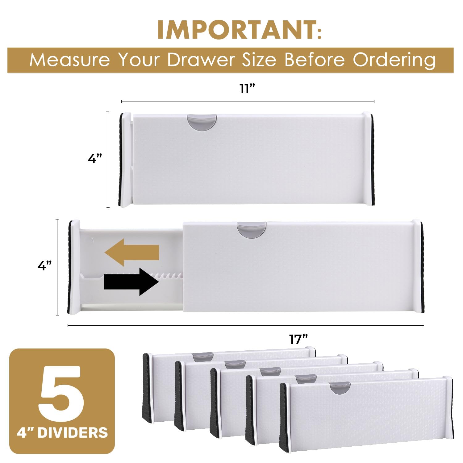 Adjustable Drawer Organizers 5-Pack - Expandable 11-17 Inches, 4