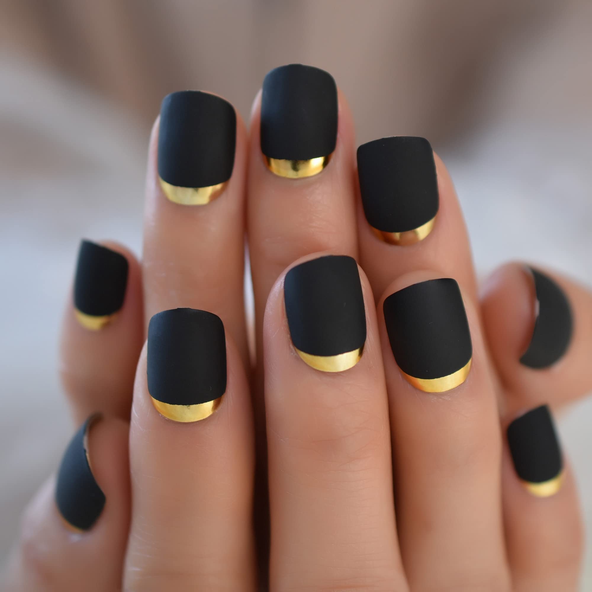 Black Matte Press On Nails with French Tip Designs - Easy DIY Fake Stick On Nails for Women - Gold Metallic Glam Manicure - Perfect for Parties, Weddings & Special Occasions
