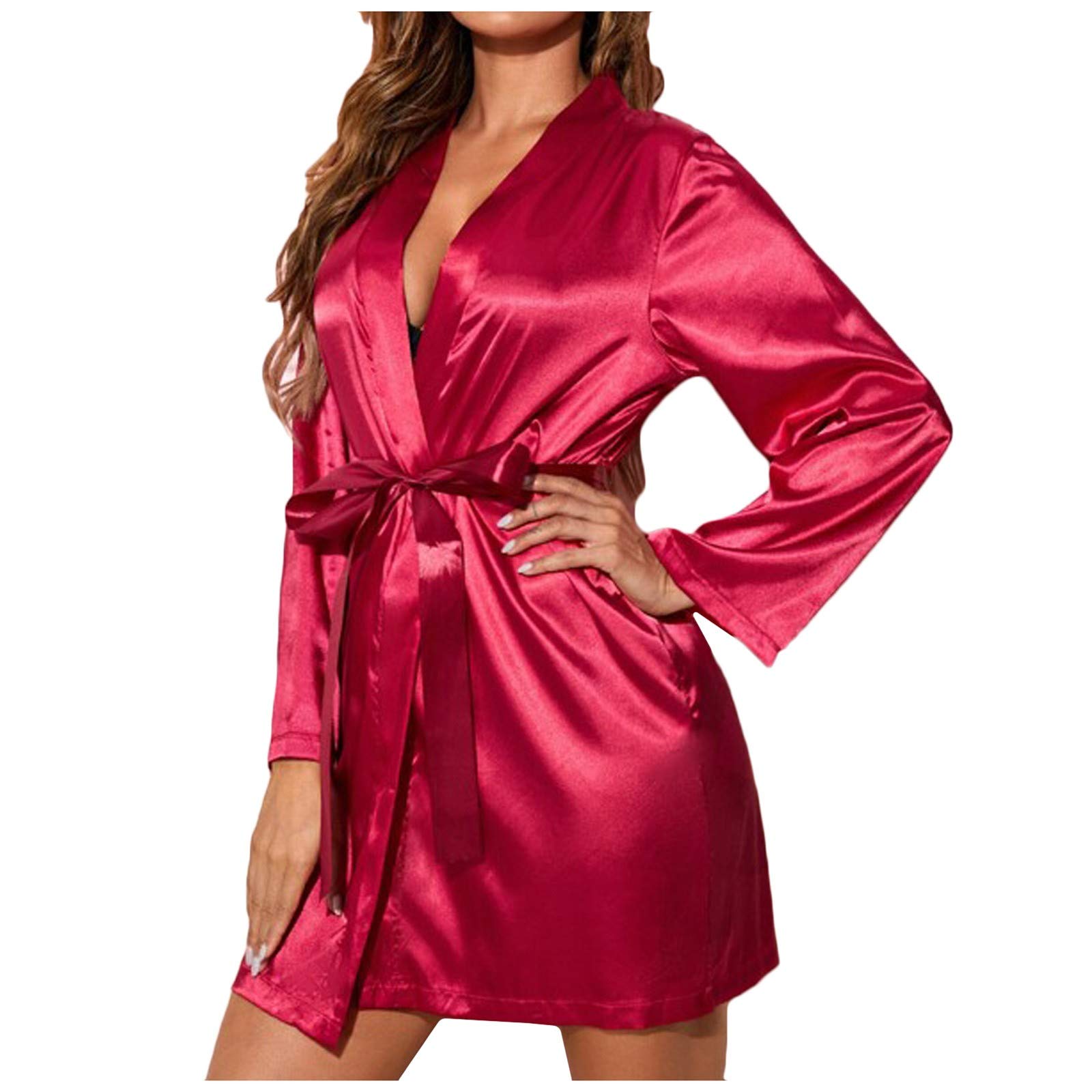 Sexy Satin Pajama Set for Women - Long Sleeve Lingerie Sleepwear with Belt & Thigh High Slits | Soft Robe & Nightwear for Valentine's Day, Honeymoon, Boudoir Photography & Romantic Nights