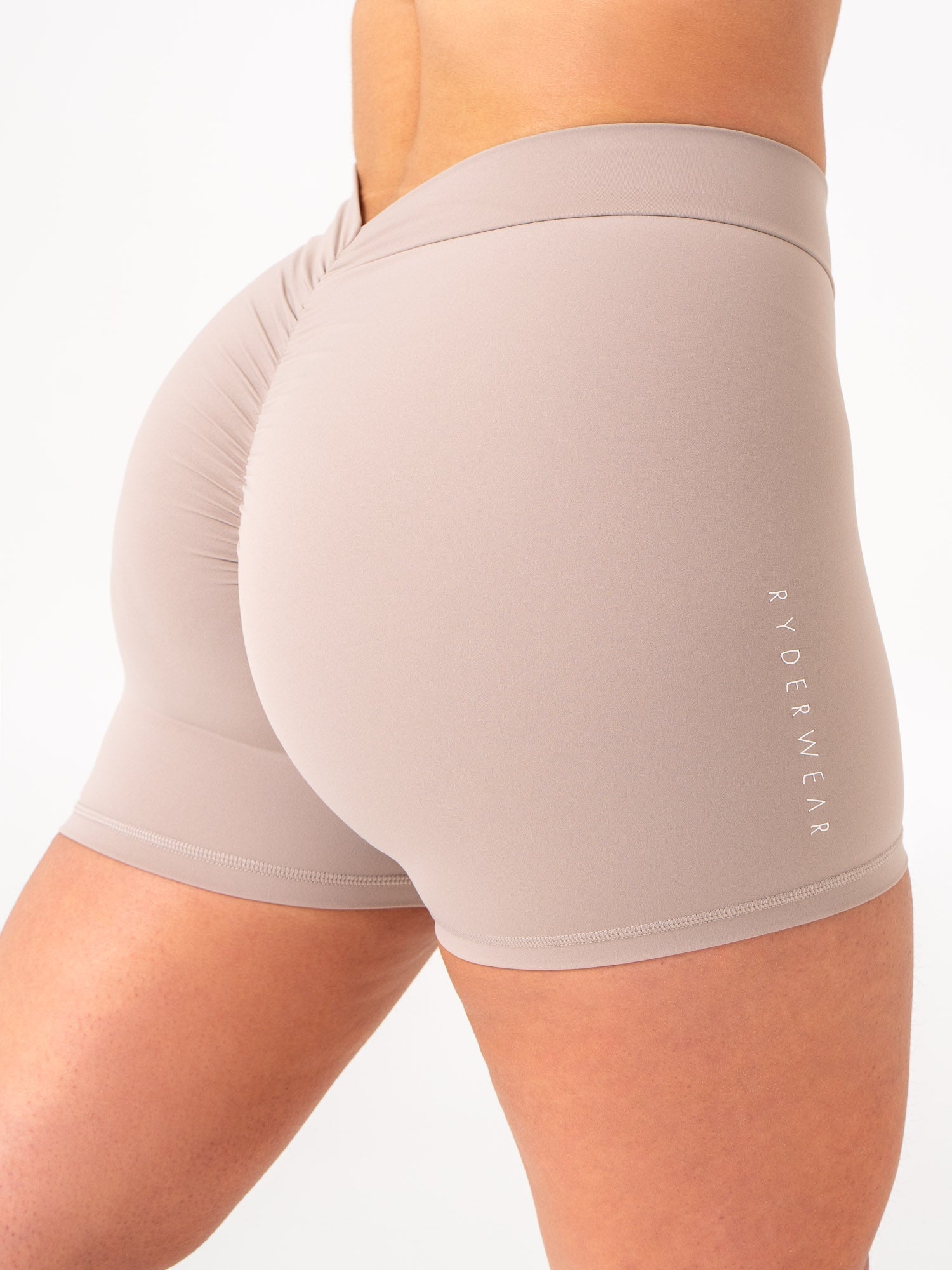 NKD V Scrunch Shorts for Women - High Waisted Tummy Control Workout Shorts in Taupe | Perfect for Yoga, Running, Gym & Lounge Wear