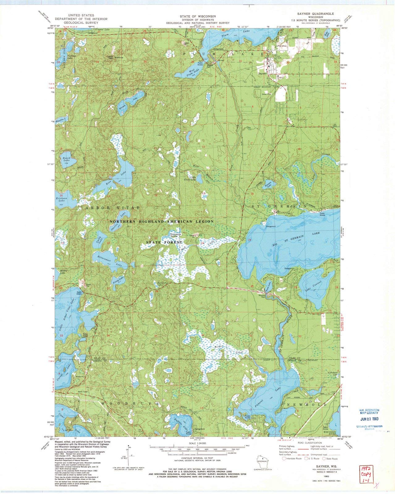 1982 Sayner, WI USGS Historical Topographic Map - 35x44 Inch Large Wall Art Decor | Vintage Wisconsin Maps for Home, Office & Classroom Decorations