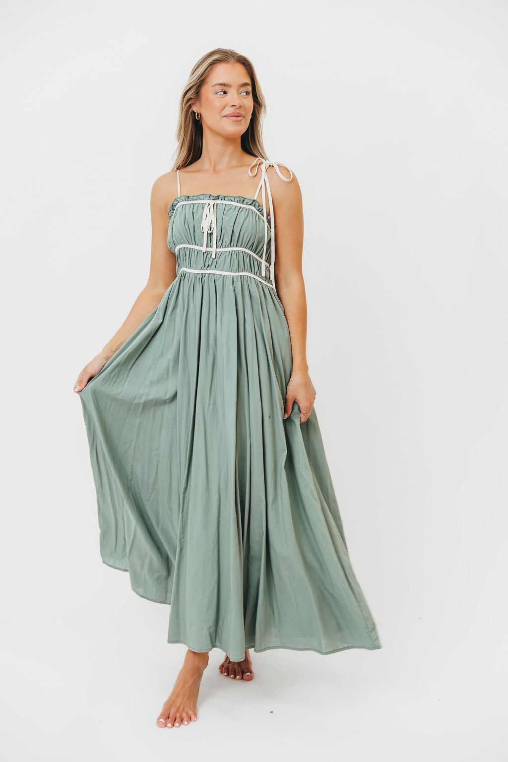 Hilsy Women's Cotton Blend Contrast Trim Maxi Dress - Flowy Long Summer Dress with Side Slits in Eucalyptus Green | Perfect for Beach Vacations, Date Nights & Casual Outings