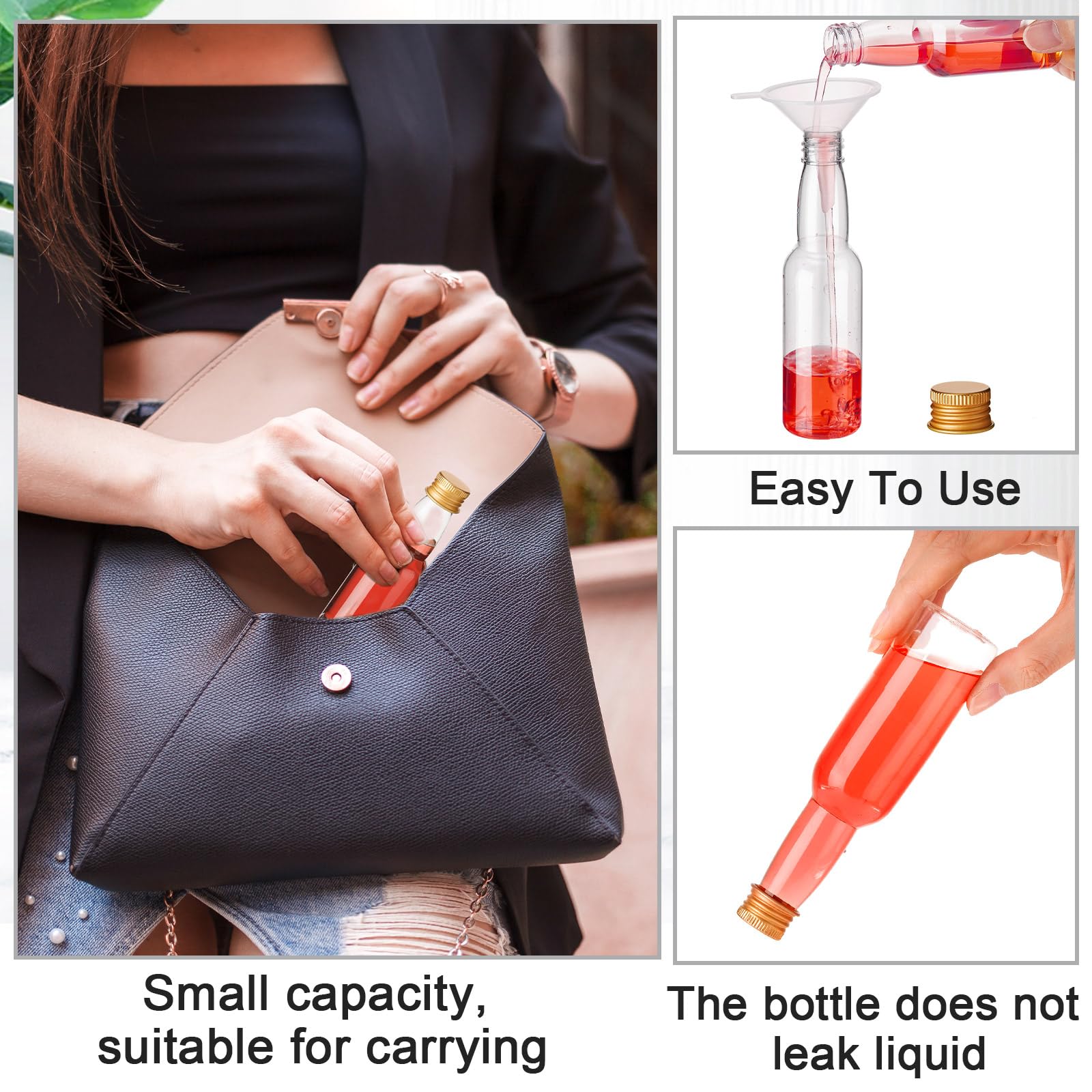 120 Pcs Mini Liquor Bottles (3.3 oz) - Airtight Empty Plastic Shot Bottles with Funnels for Alcohol, Whiskey & Spirits - Gold Miniature Bottles for Party Favors, Wedding Favors, DIY Cocktails & Home Bar Accessories