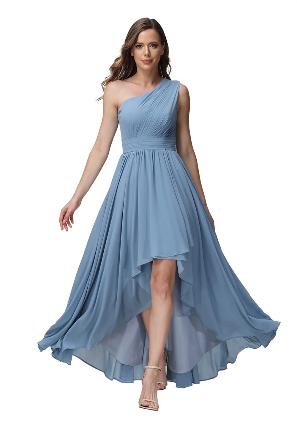 LYLLOVEGUSU One Shoulder Chiffon Bridesmaid Dress with Pockets - High Low Hem Formal Evening Gown for Weddings, Prom & Special Occasions