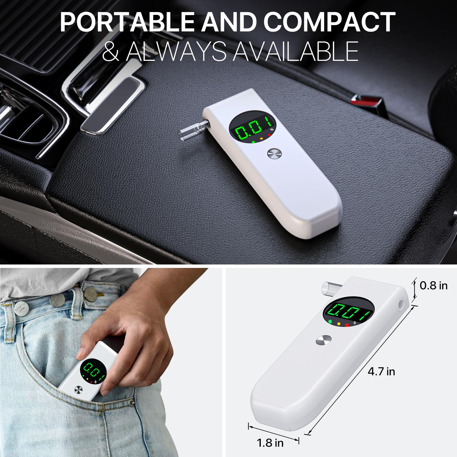 Professional Breathalyzer Alcohol Tester - High Accuracy LCD Digital Display with 10 Disposable Mouthpieces | Portable BAC Detector for Home, Party, Workplace & Road Safety (White)