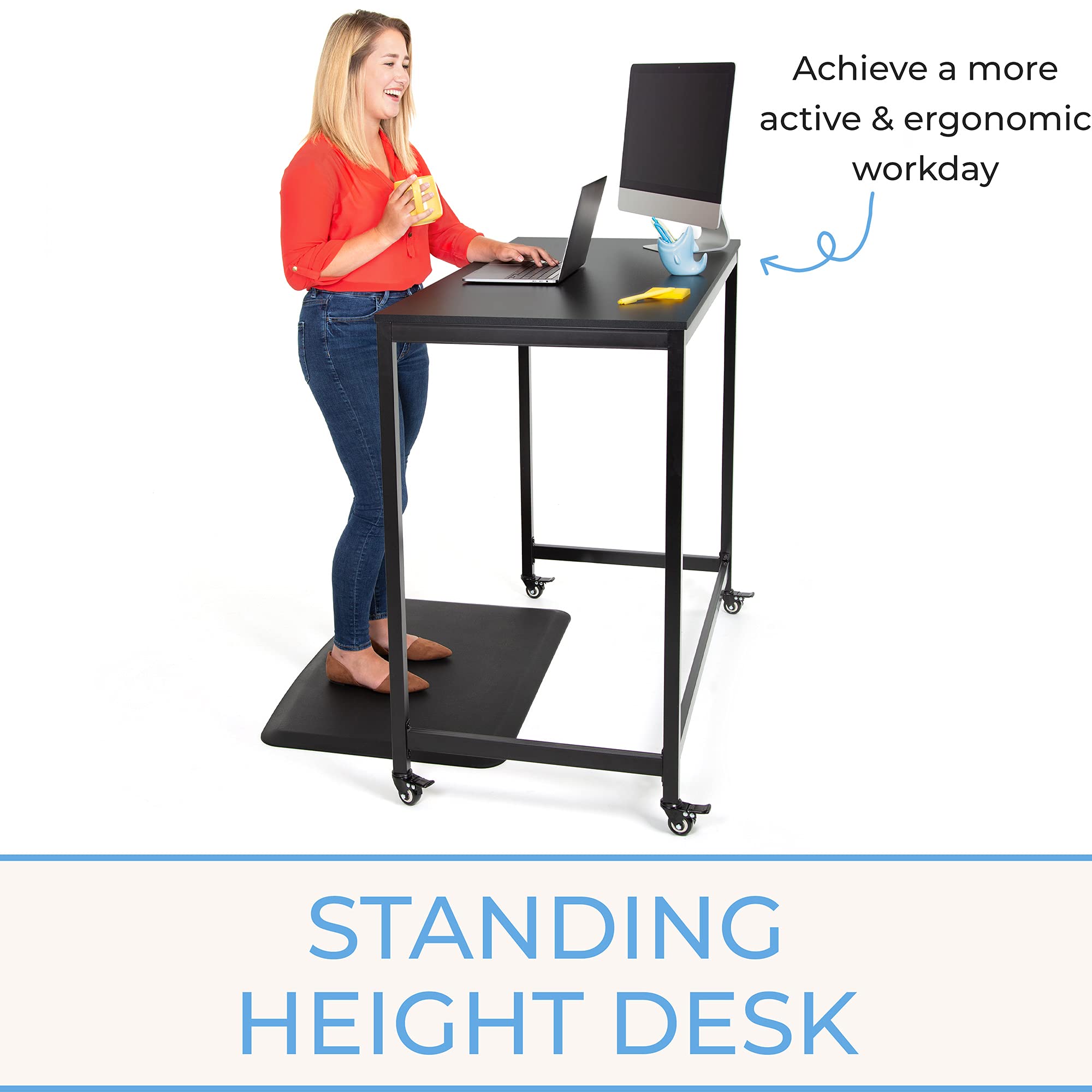 Stand Steady Joy Mobile Workstation - Adjustable Standing Desk with Wheels for Home Office & School | Portable Rolling Desk with Locking Casters | Mobile Training Table & Collaboration Desk (Black, 47x24 Inches) - Perfect for Remote Work, Classroom Projects & Team Meetings