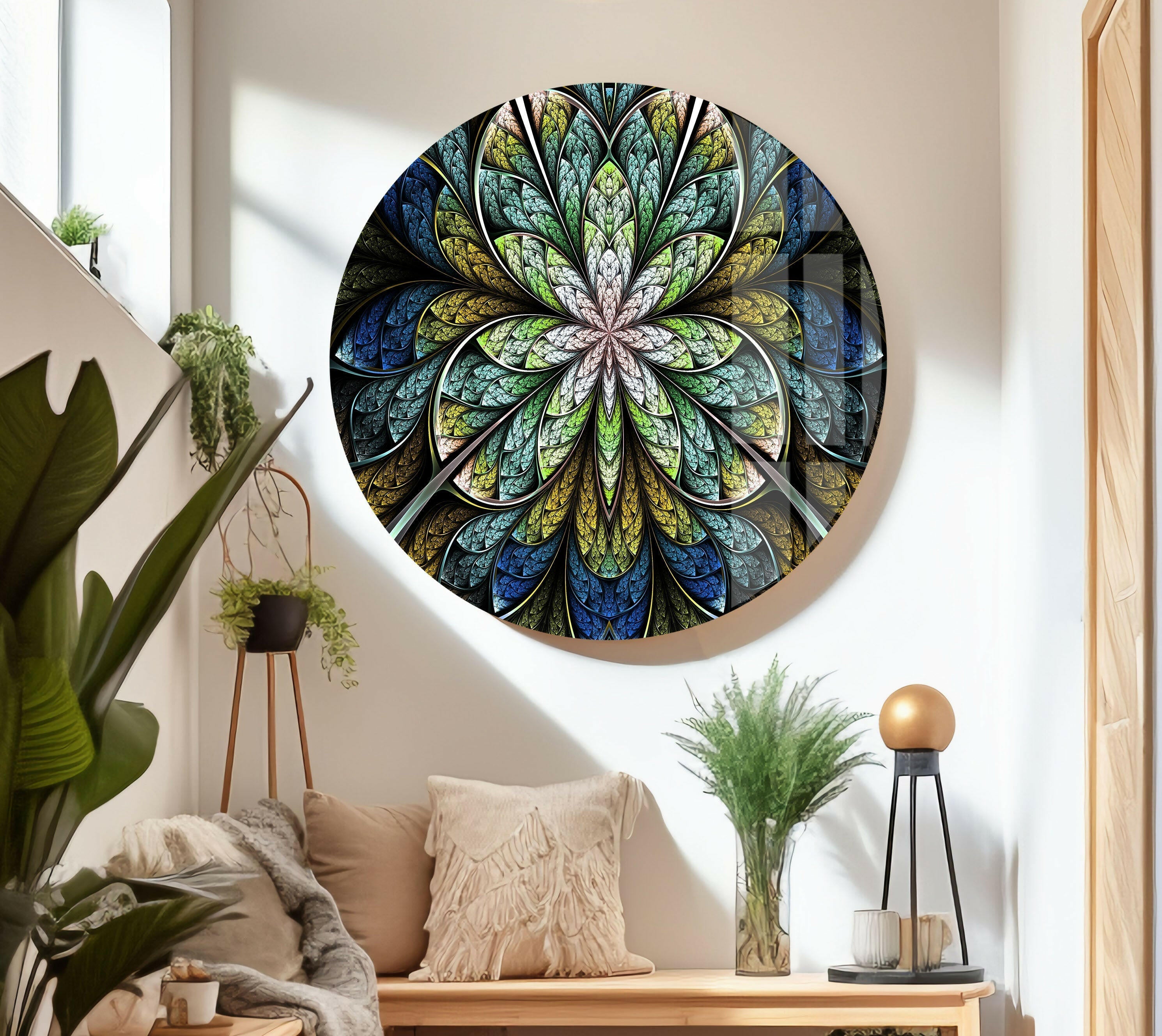 Blue Fractal Flower Glass Wall Art - Handmade Modern Home Decor for Living Room, Bedroom & Office - Elegant Glass Mosaic Wall Hanging for Unique Interior Design
