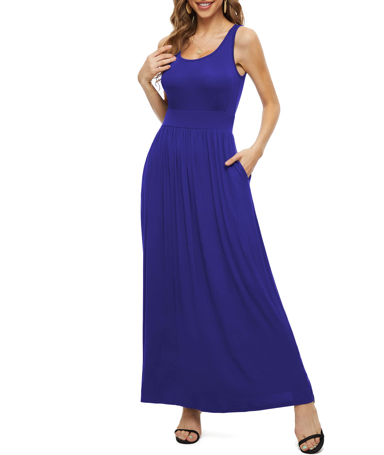 LILBETTER Women's Summer Sleeveless Maxi Dress with Pockets - Flowy Empire Waist Casual Long Dress for Beach, Vacation & Outdoor Wear