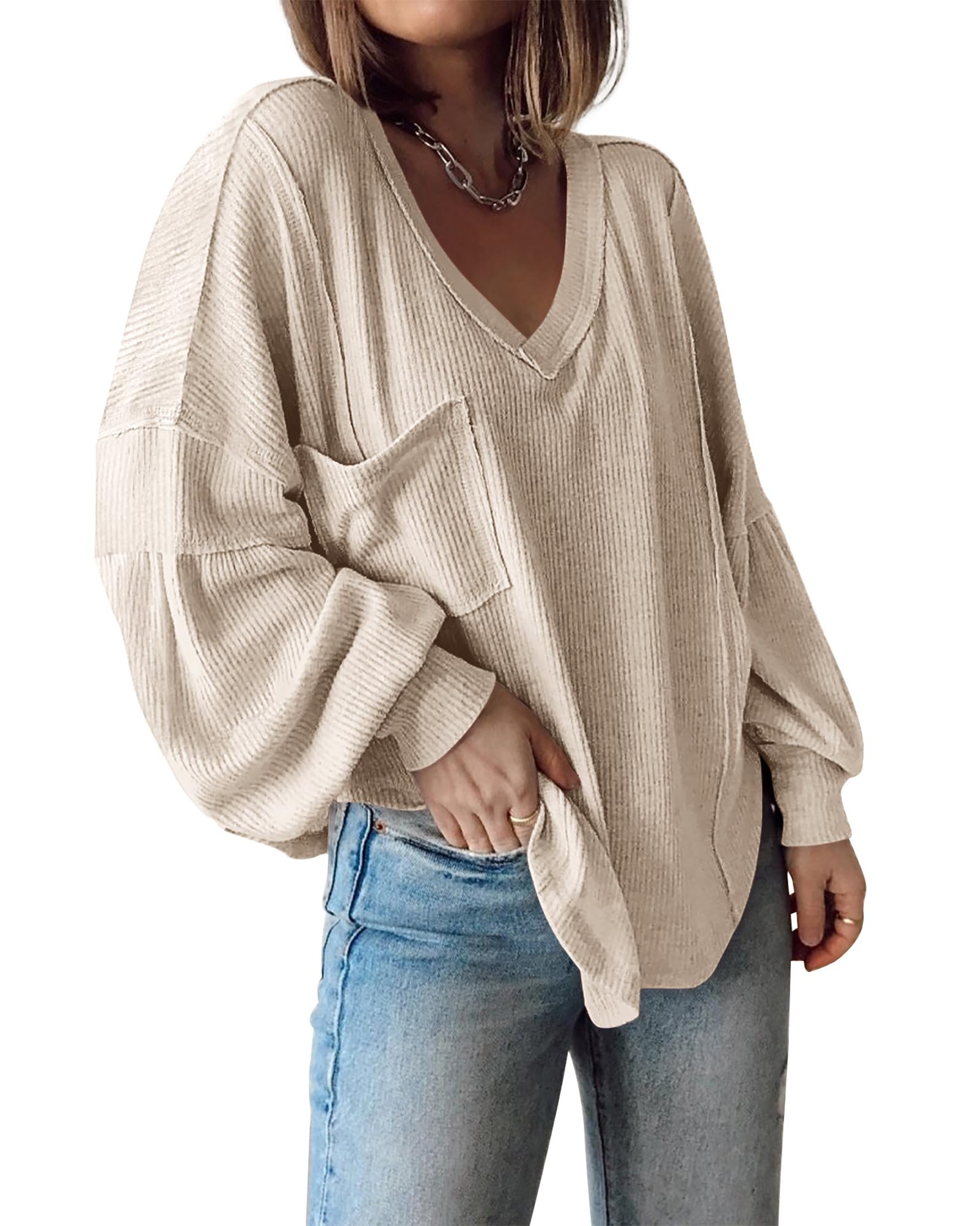 BTFBM Women's Ribbed Long Sleeve V-Neck Pullover Knit Top - Trendy Loose Fit Tunic Blouse for Spring & Summer 2025 - Casual Outfits, Layering Essentials, Office Wear & Weekend Style