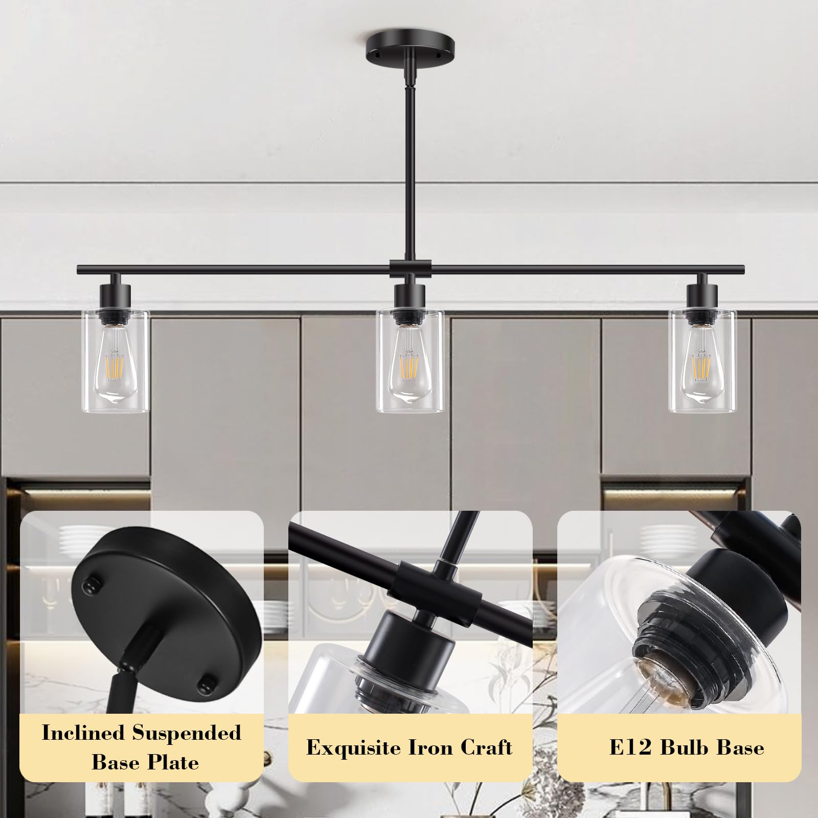 Modern Black 3-Light Linear Chandelier - Rectangle Pendant Lighting Fixture with Glass Shades for Kitchen Island, Dining Room & Farmhouse Decor | Perfect for Breakfast Nooks, Open Concept Kitchens and Rustic Dining Areas